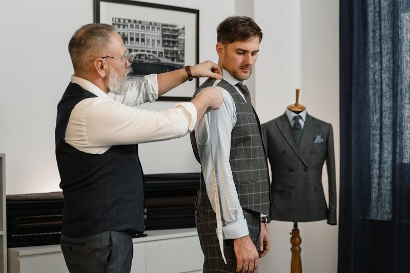 Bespoke tailor taking precise measurements of a client during a custom fitting consultation in a millinery atelier