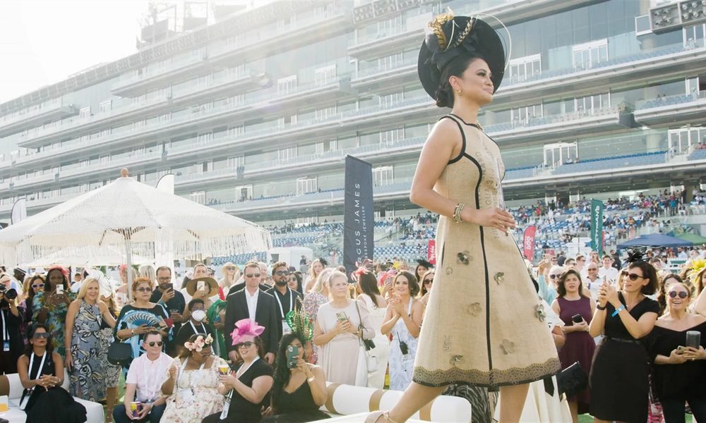 Dubai World Cup Style Stakes fashion competition on the catwalk at Meydan Racecourse with designer hat