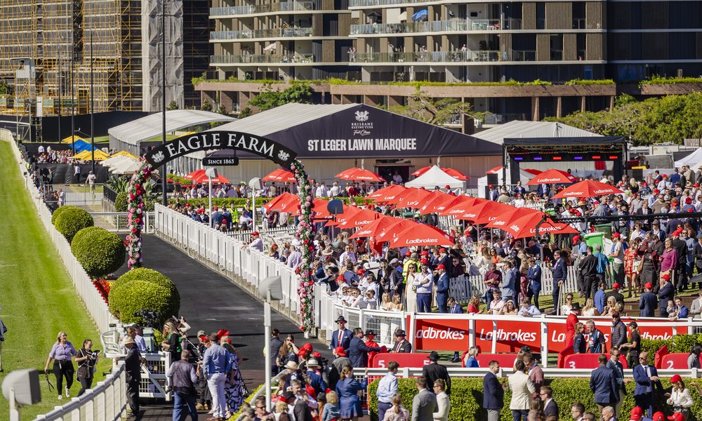 Eagle Farm Racecourse Brisbane winter carnival crowd at the St Leger Lawn Marquee during Stradbroke Season
