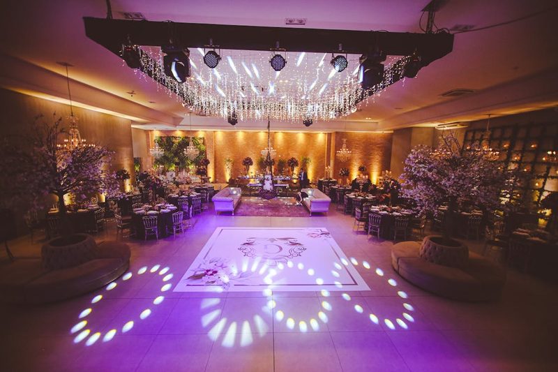 Elegant luxury ballroom event venue with glamorous decor and chandelier lighting