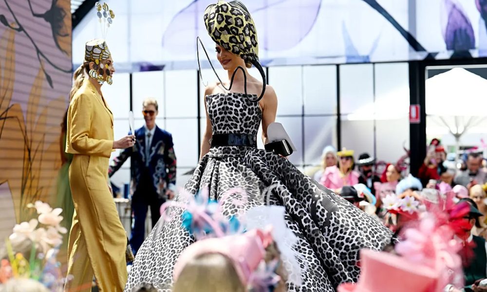 Bold leopard print millinery and sculptural hat design at Melbourne Cup Fashions on the Field competition