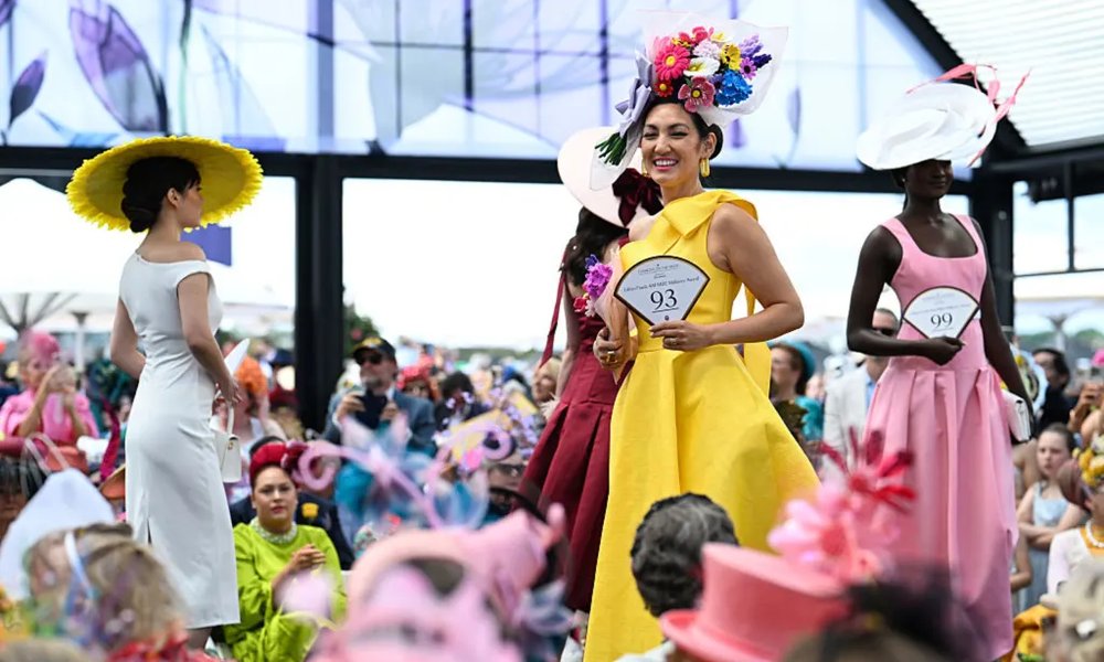 Melbourne Cup Millinery Award finalists showcasing colourful floral hats at Flemington Racecourse Fashions on the Field
