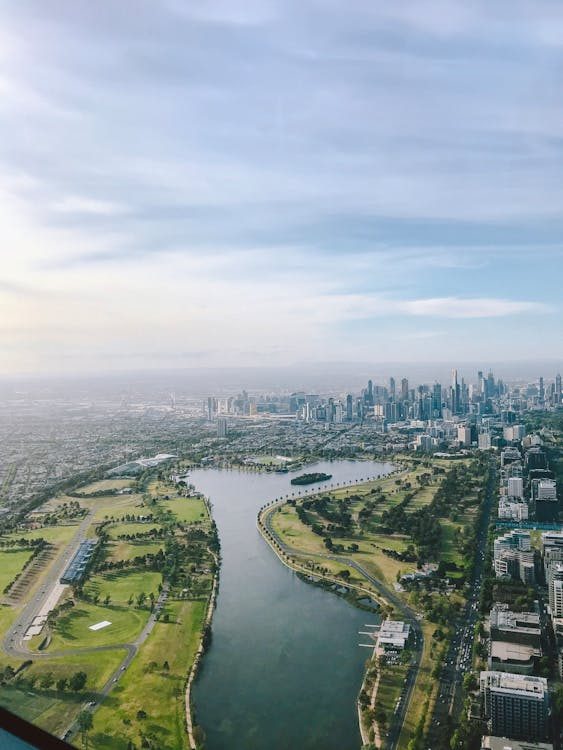Aerial view of Melbourne city skyline along the Yarra River home of the spring racing carnival