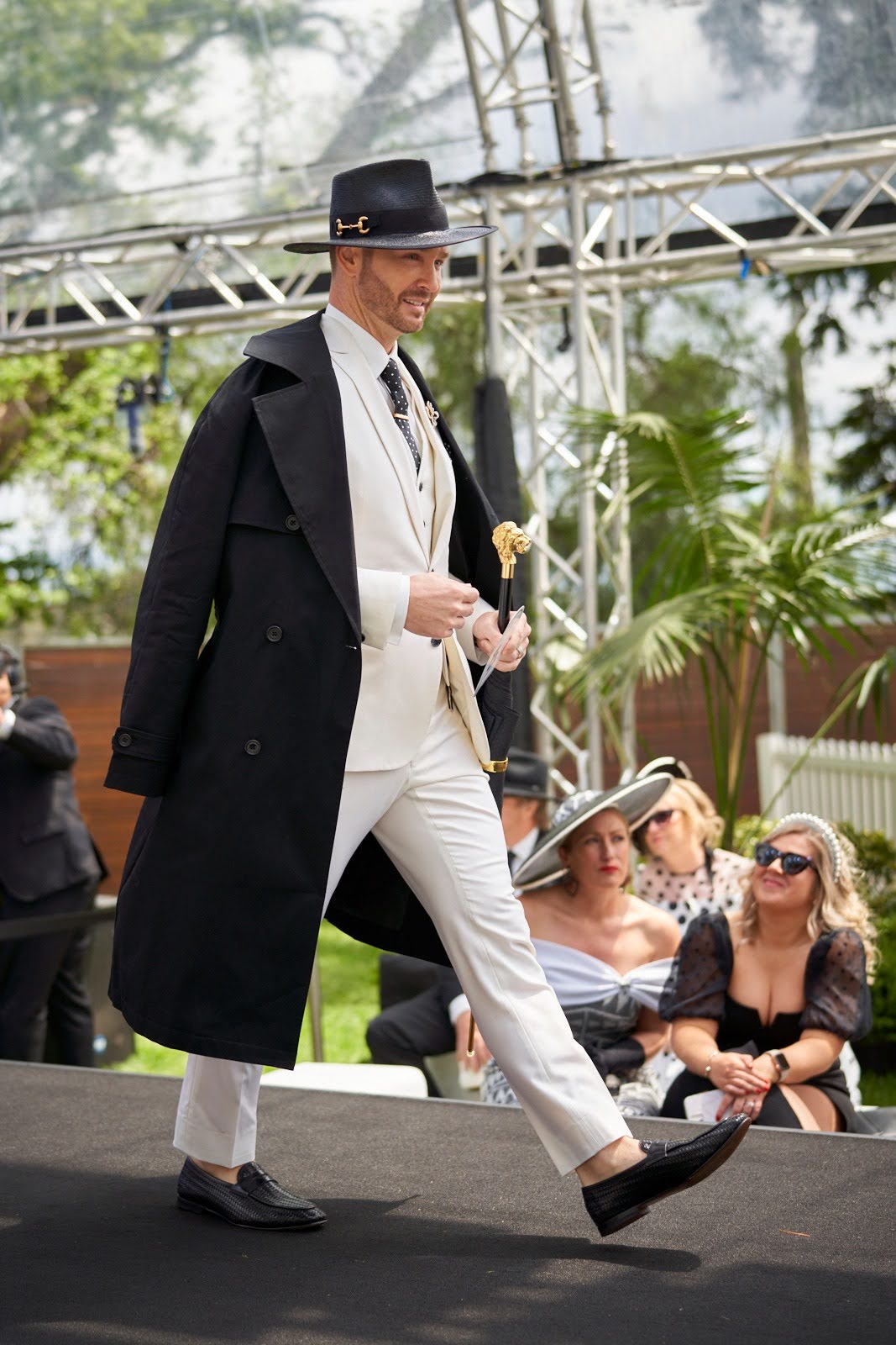 Spring racing client photo wearing bespoke Kathryn Lee Millinery fascinator for the races