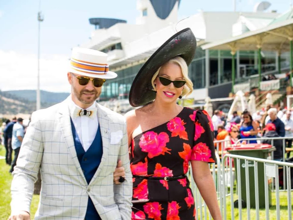 Client styled in Kathryn Lee Millinery headpiece for a racing event - Facebook gallery photo