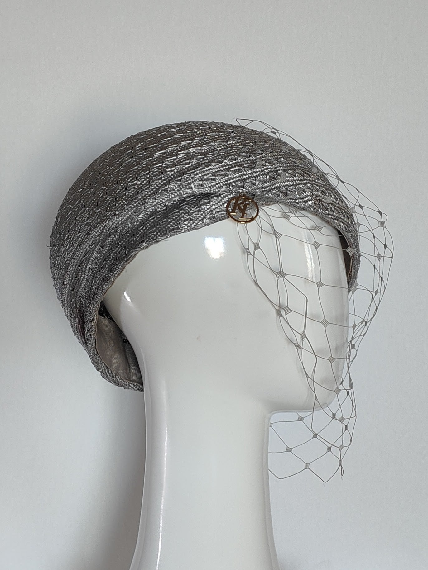 Silver beret Alice featuring straw and pearl – handmade in Sydney by Kathryn Lee