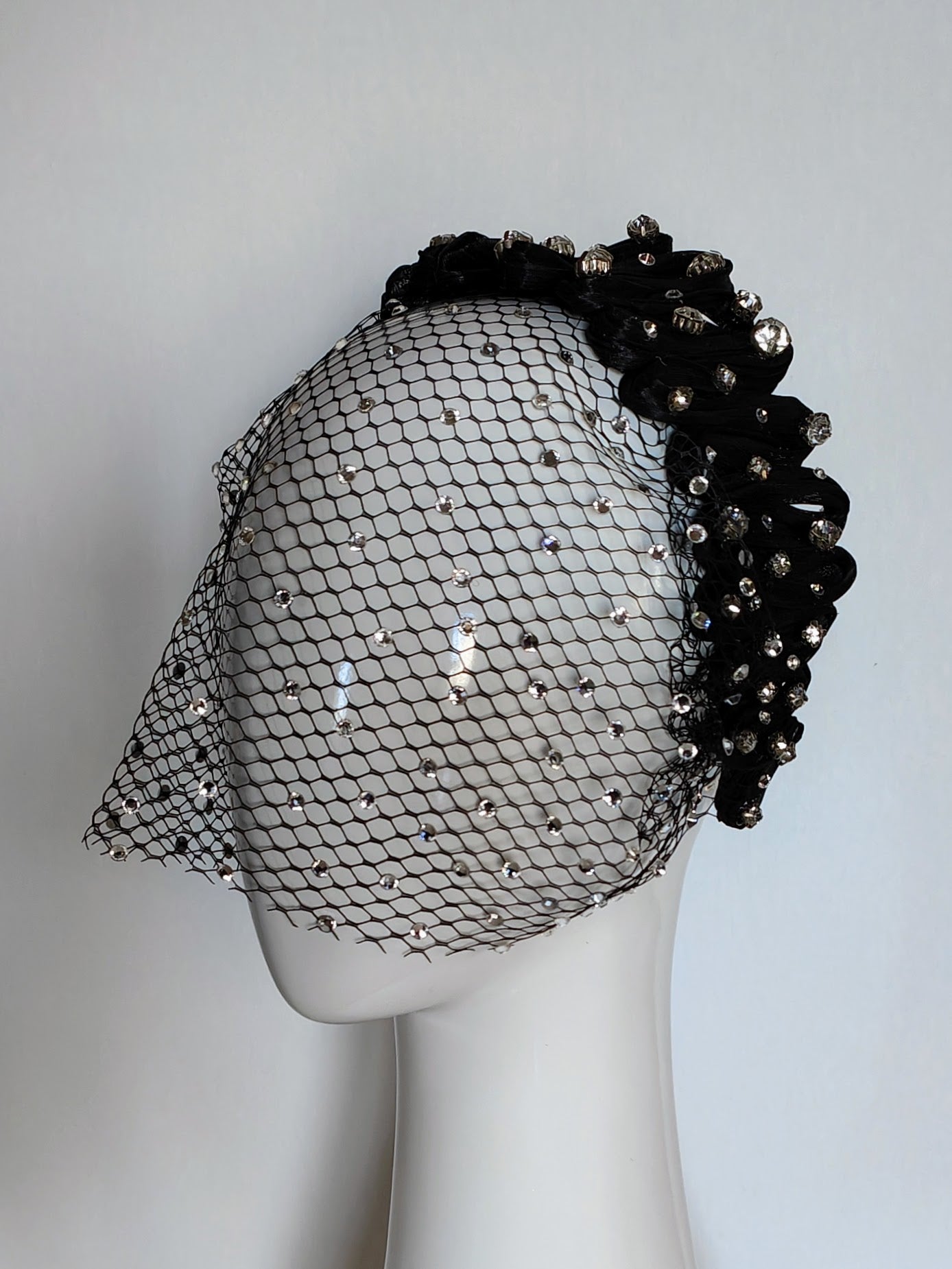 Arcadia – Black headband crafted from silk and crystal perfect for Derby Day