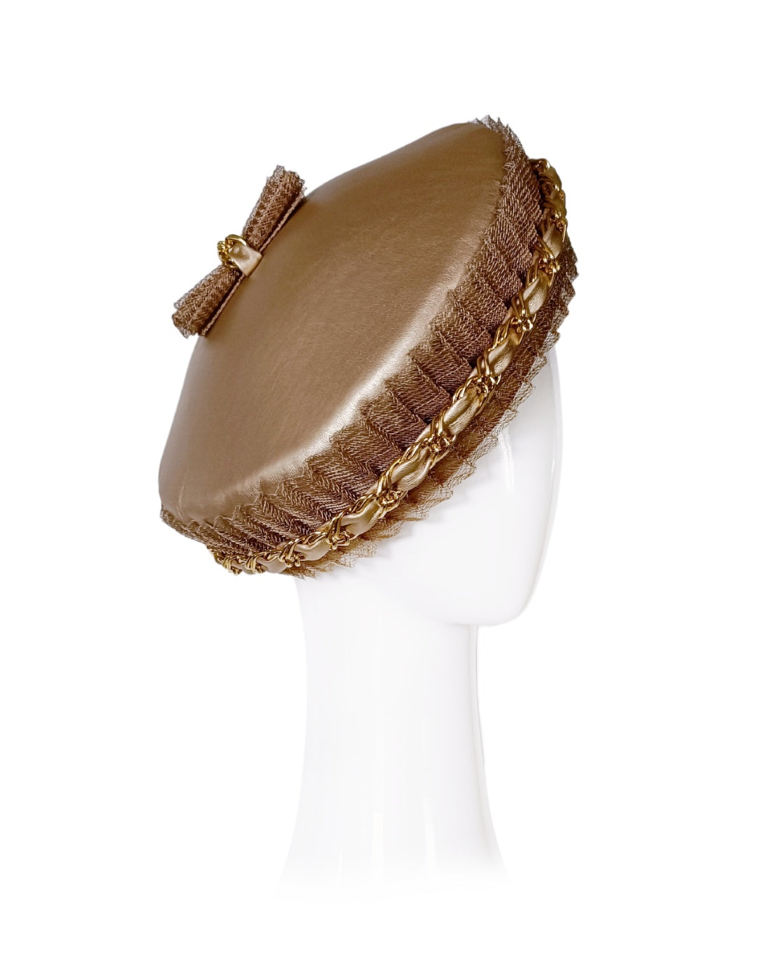 Gold Aurelie beret crafted from leather – luxury racing headwear by Kathryn Lee