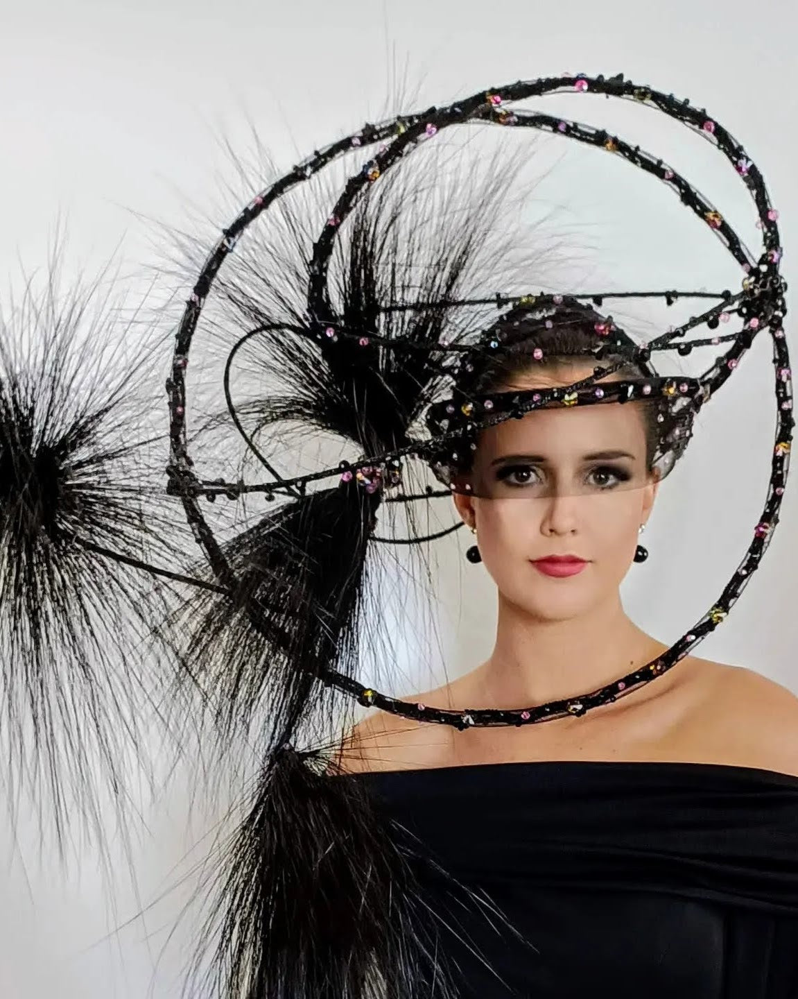 Dramatic black sculptural wire headpiece with crystal beading by Kathryn Lee Millinery - couture millinery art