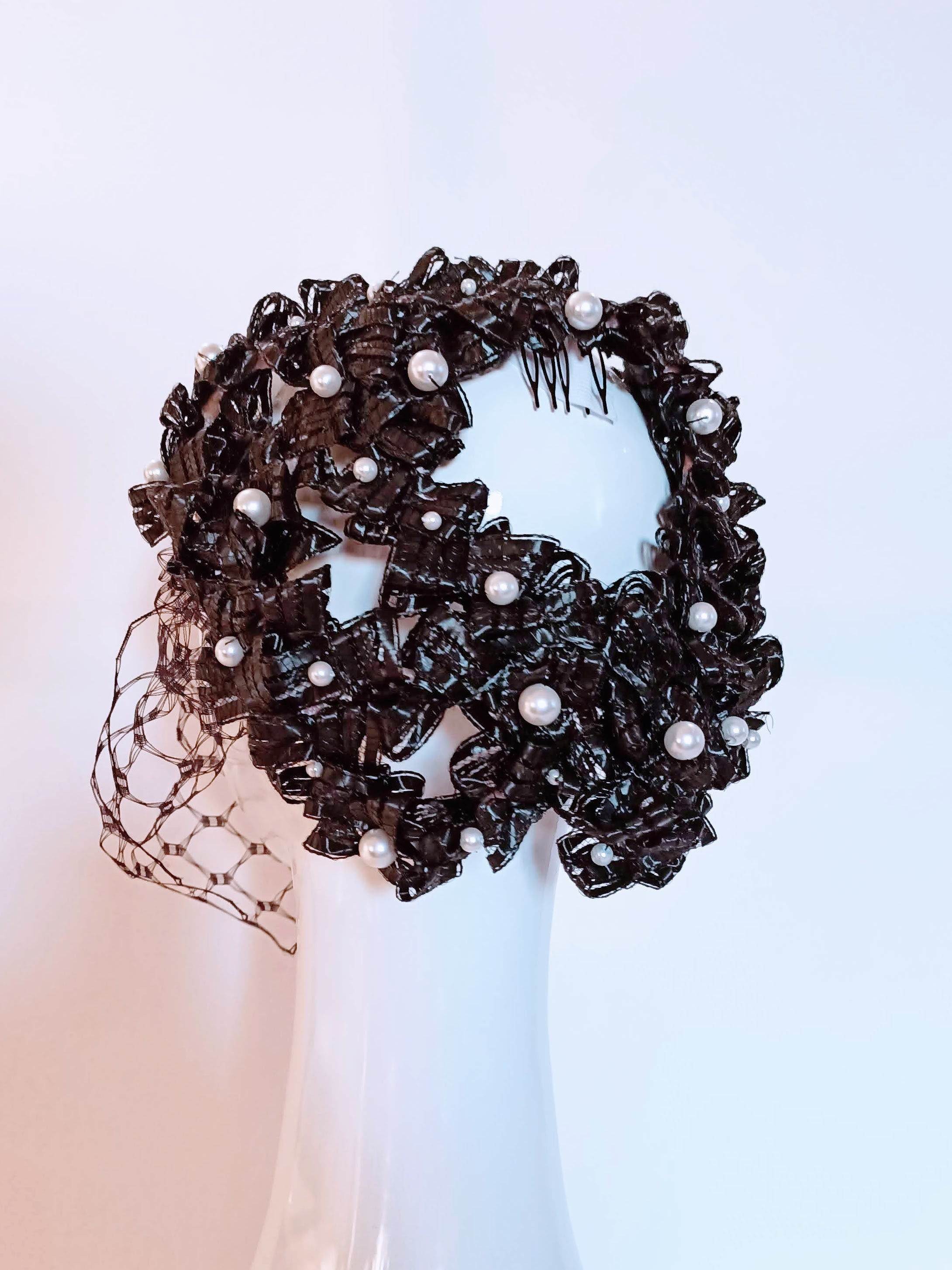 Black headpiece Charlotte featuring pearl – handmade in Sydney by Kathryn Lee
