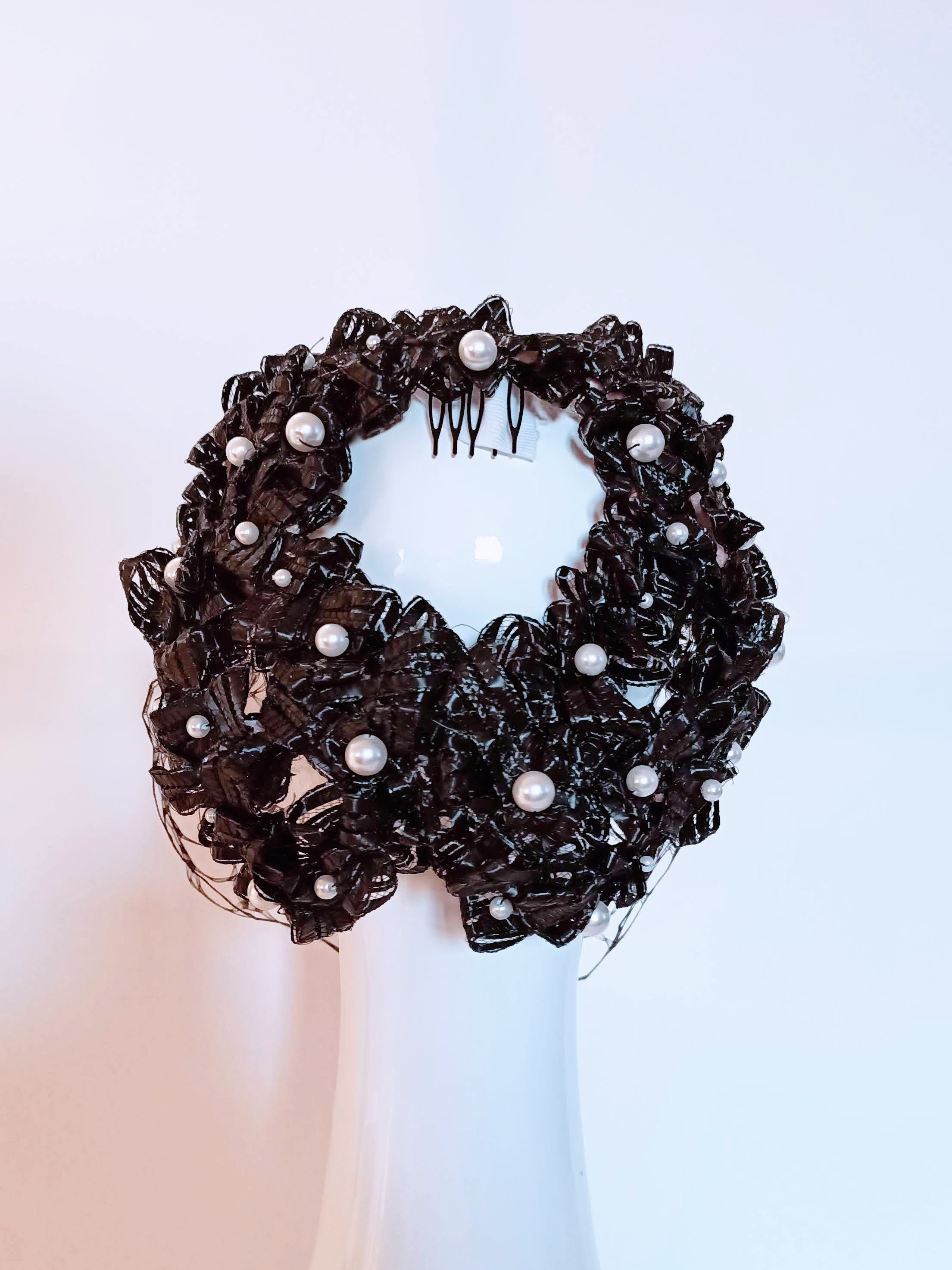 Charlotte Black headpiece crafted from pearl by Kathryn Lee Millinery, Australian bespoke milliner