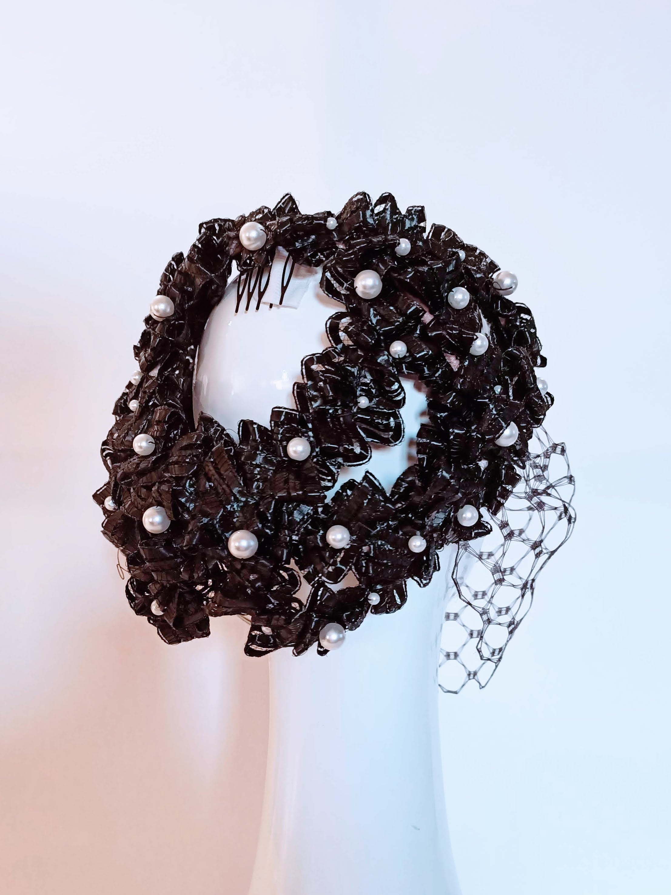 Bespoke Charlotte headpiece crafted from pearl – designed for Kentucky Derby by Kathryn Lee