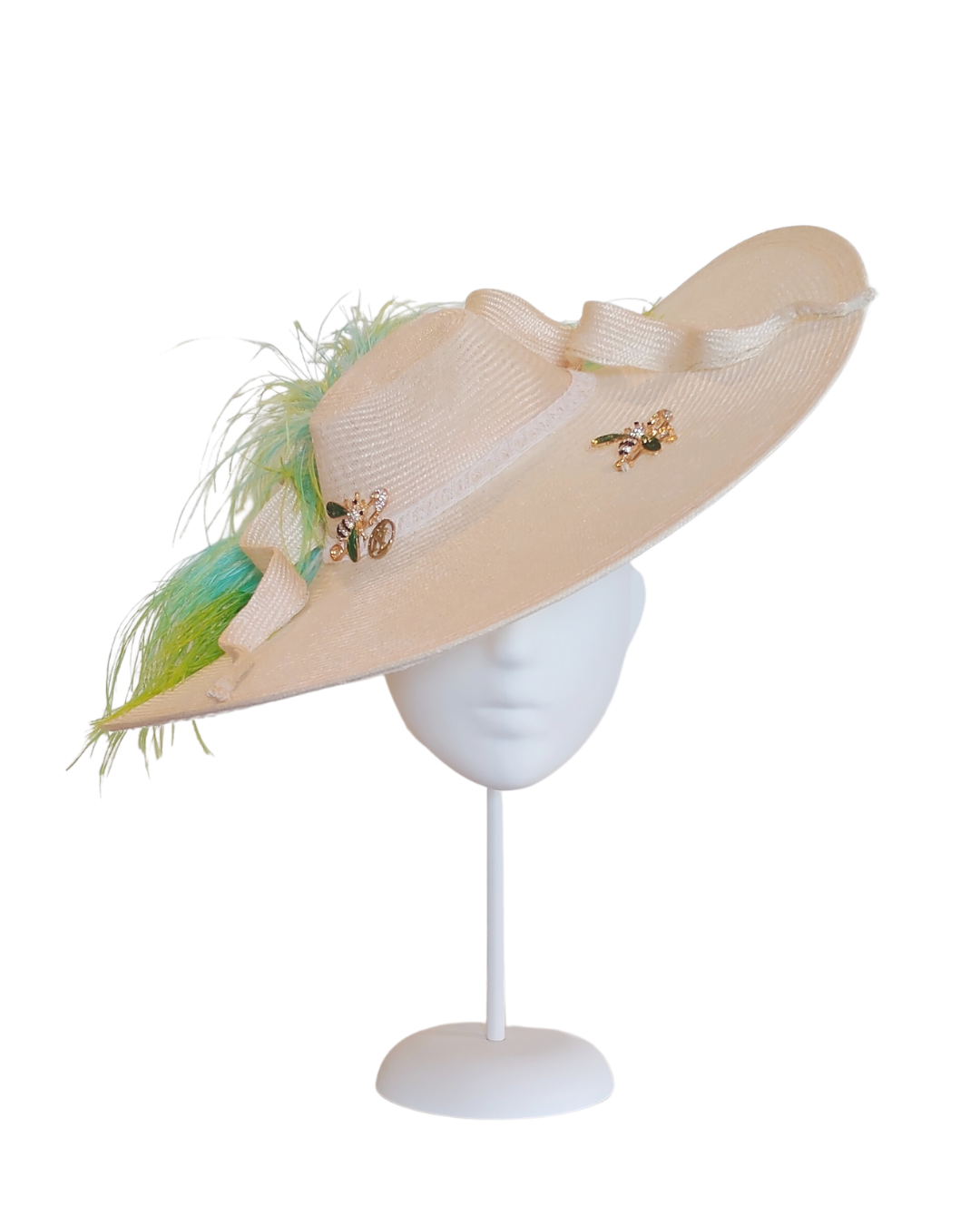 Ivory Clementine hat crafted from straw and feather – luxury racing headwear by Kathryn Lee