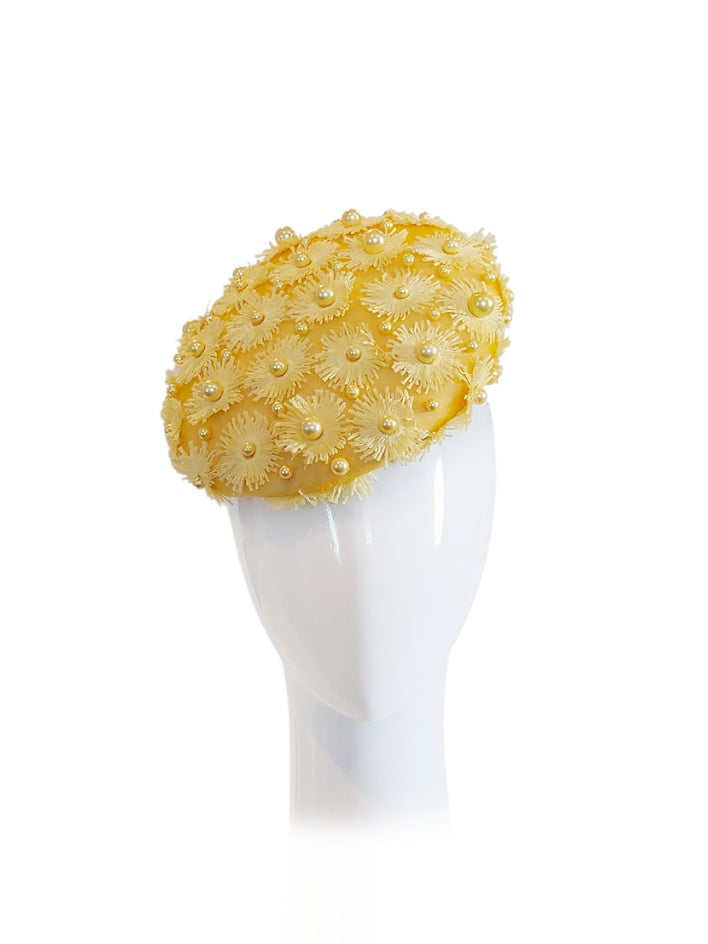 Bespoke Yellow cap Daisy – couture millinery for garden party