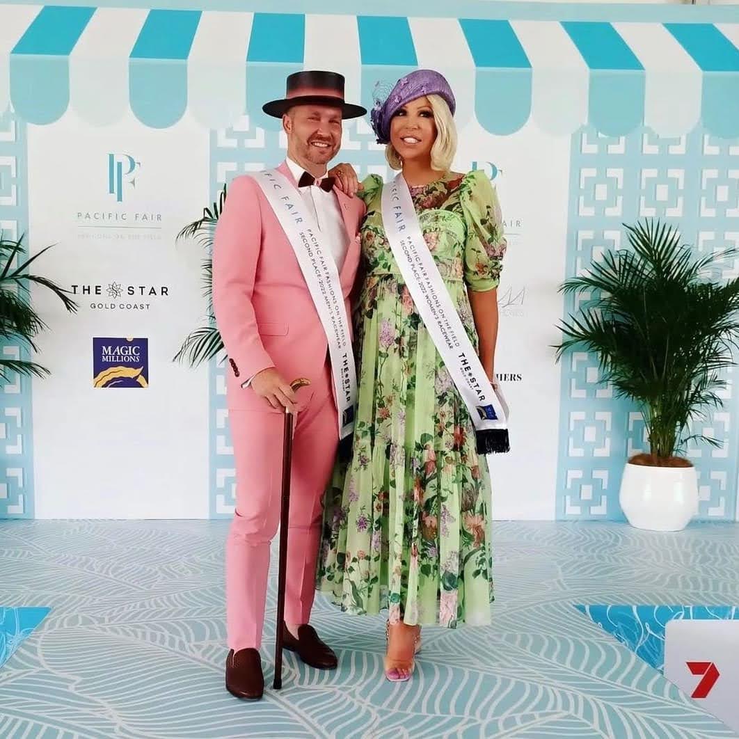 Fashions on the field winners at Pacific Fair Magic Millions wearing Kathryn Lee Millinery hats - 2nd place sash