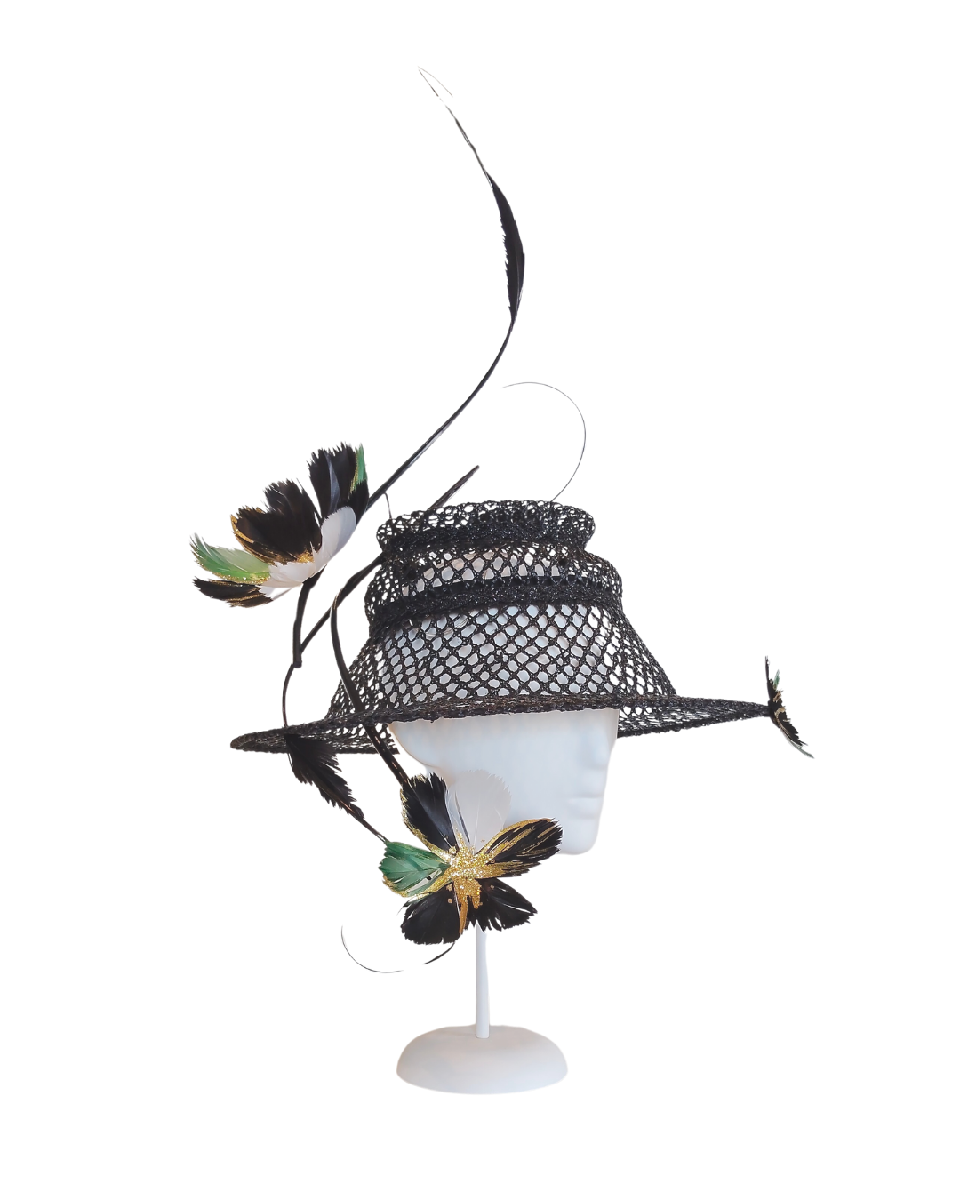 Designer Black bucket hat Flower Power crafted from straw and feather – Kathryn Lee Millinery Australia