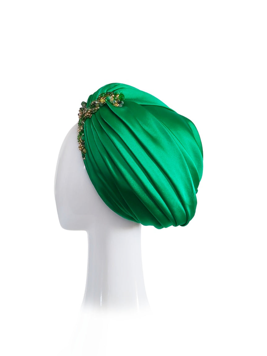 Australian milliner Kathryn Lee – Grace Emerald turban featuring silk