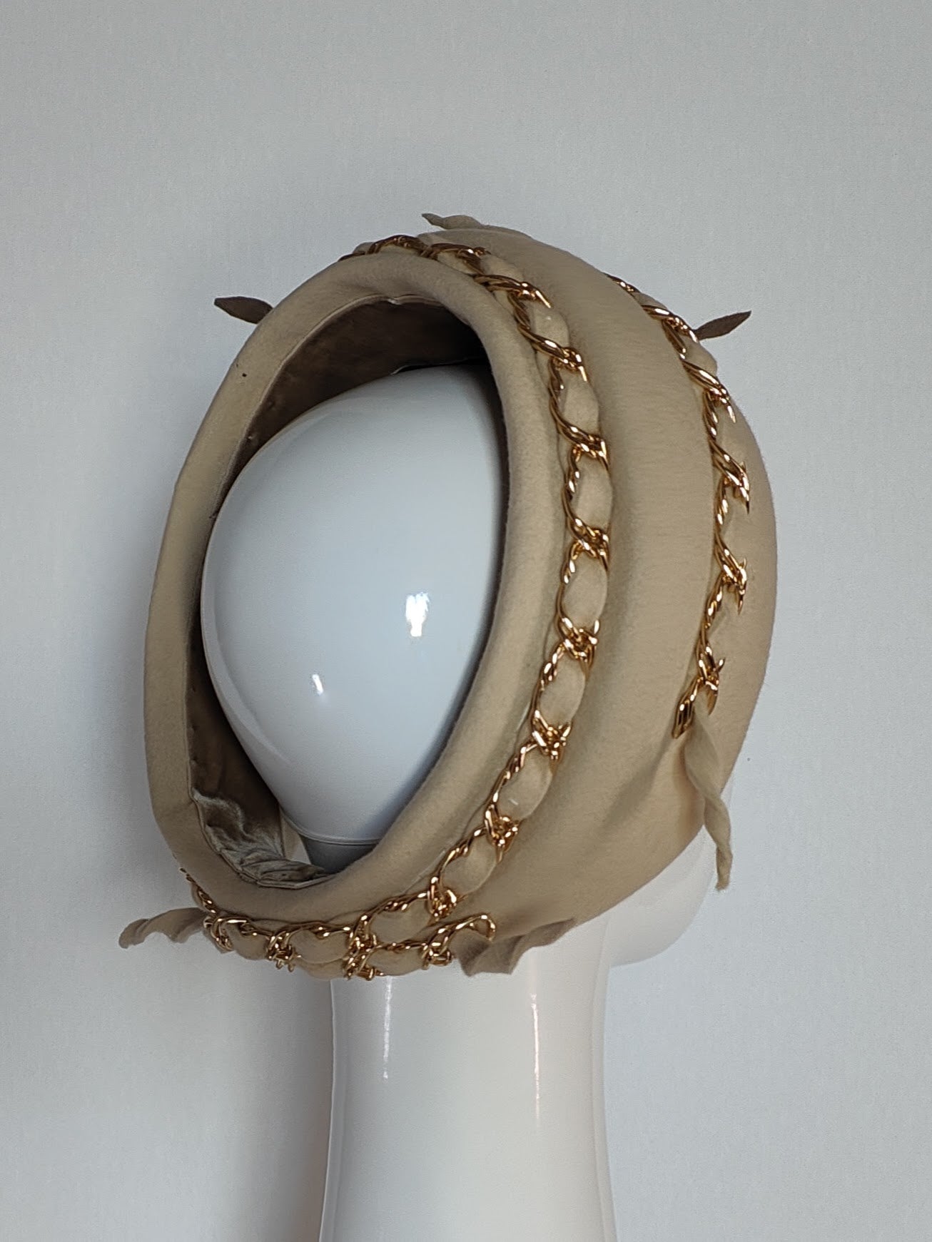 Bespoke Gold turban Hayley – couture millinery for Royal Randwick