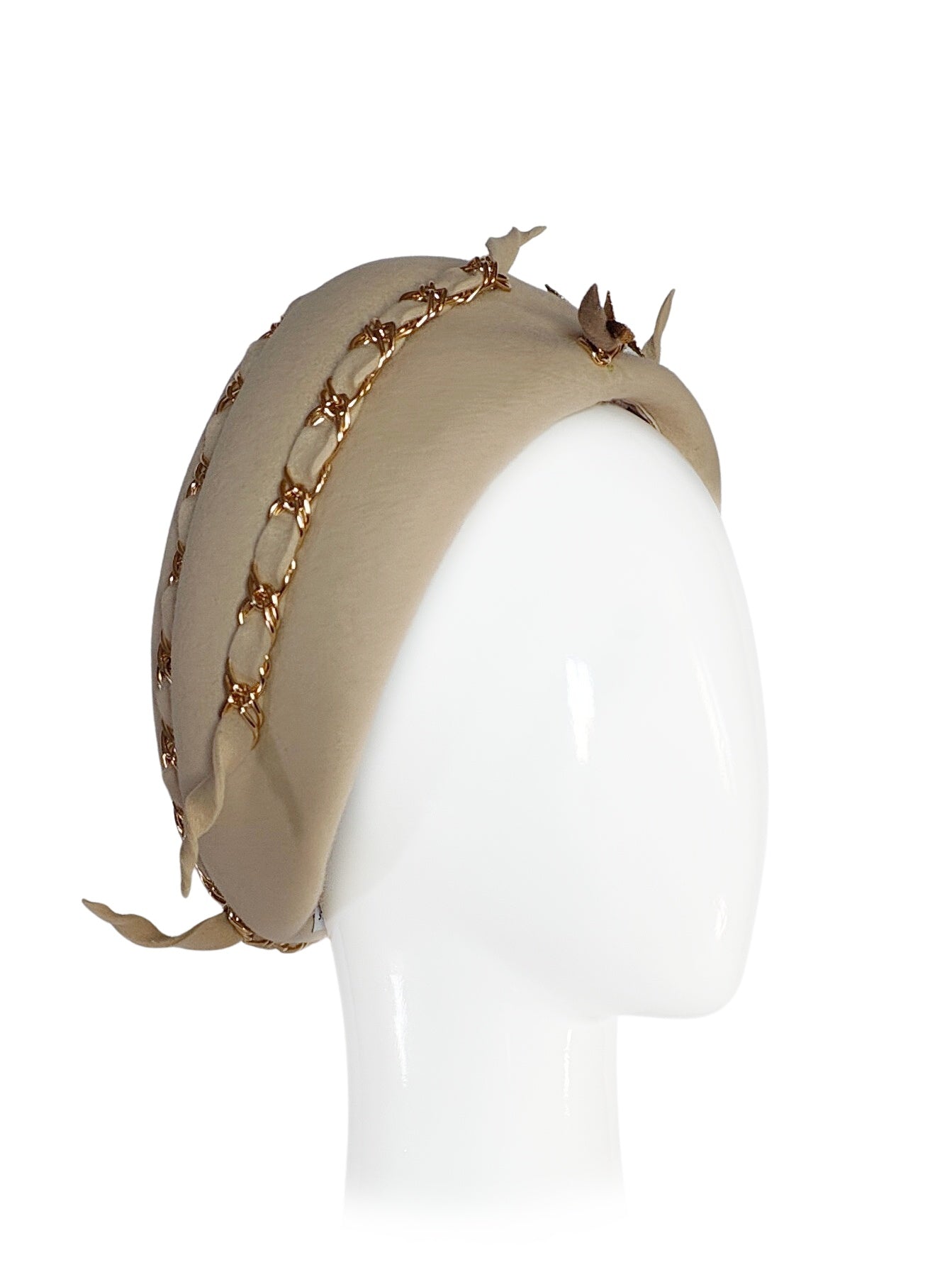 Designer Gold turban Hayley crafted from felt – Kathryn Lee Millinery Australia