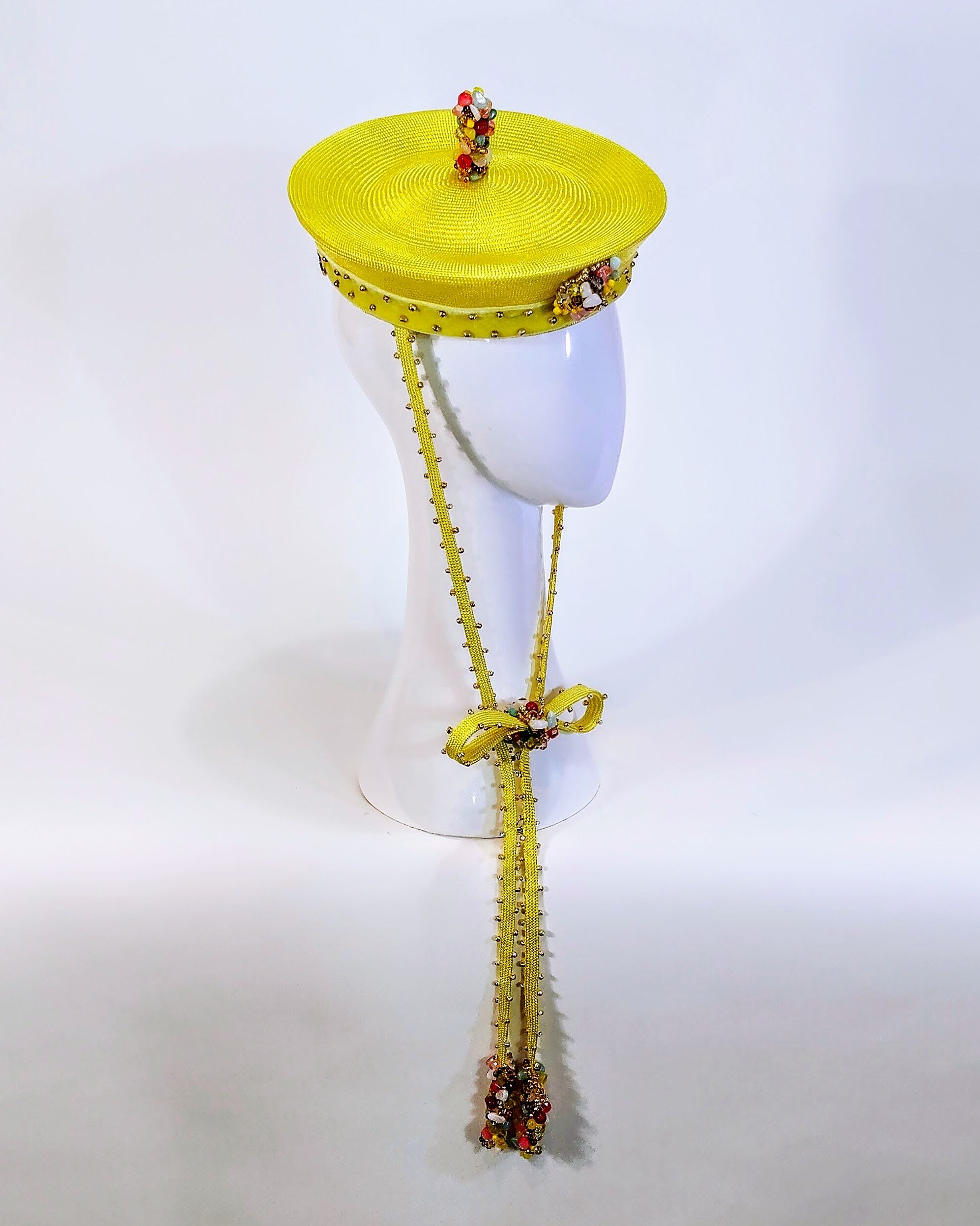 It Girl Aurelia by Kathryn Lee Millinery – bespoke Yellow beret for Royal Randwick