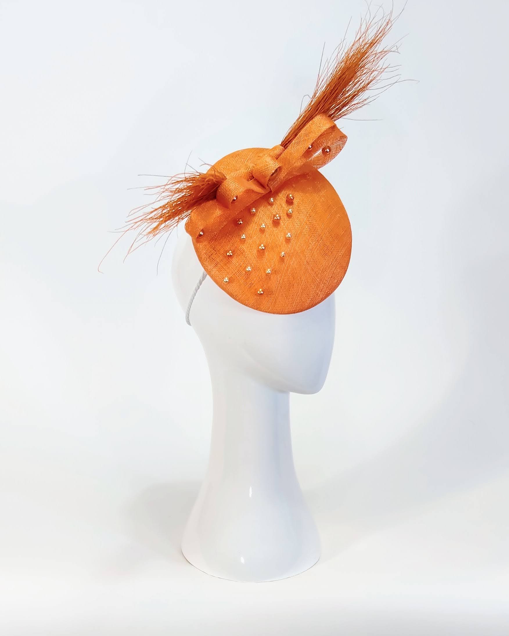 Designer Tangerine headpiece It Girl Kitsu crafted from sinamay and pearl – Kathryn Lee Millinery Australia