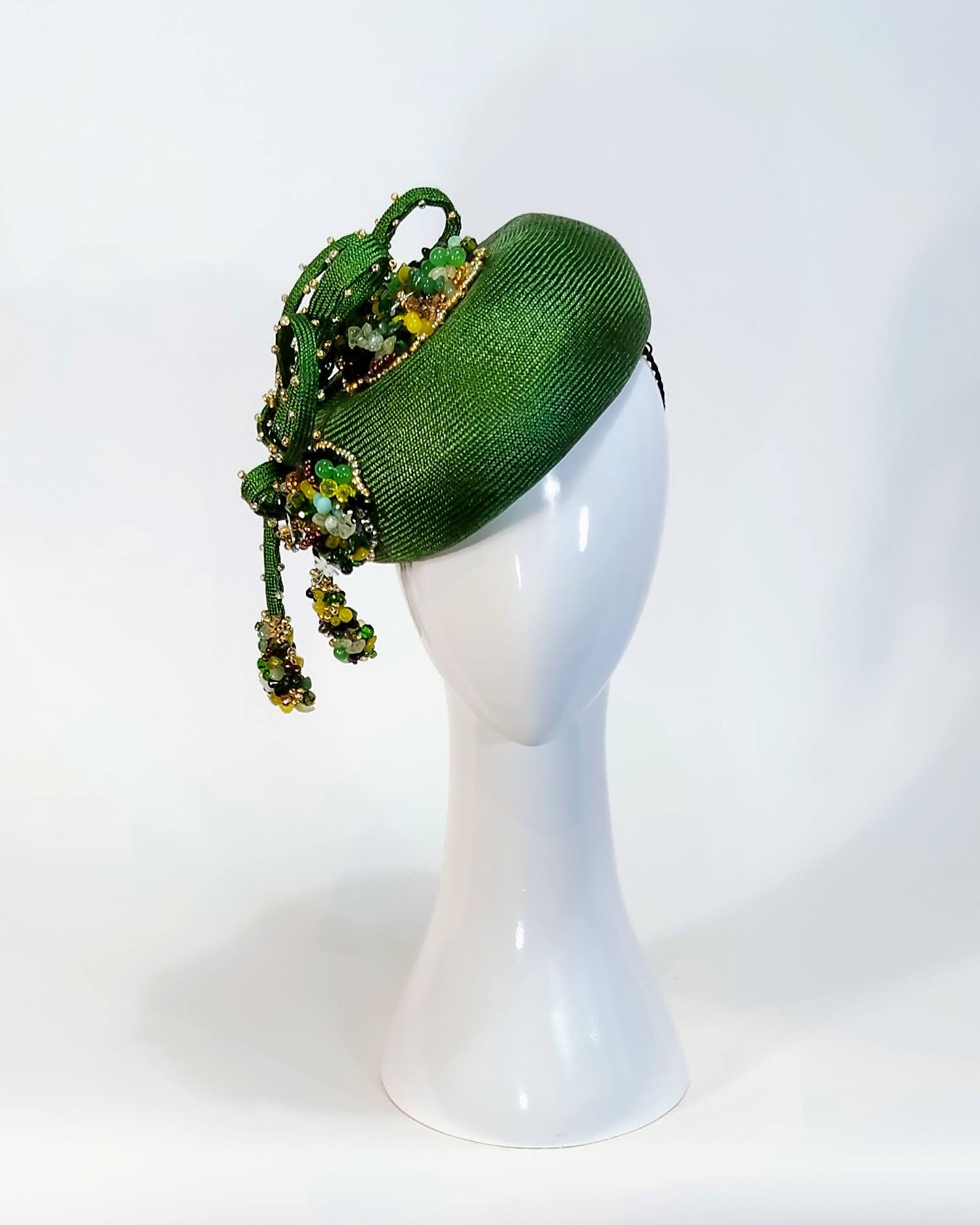 It Girl Midori by Kathryn Lee Millinery – bespoke Green hat for Oaks Day