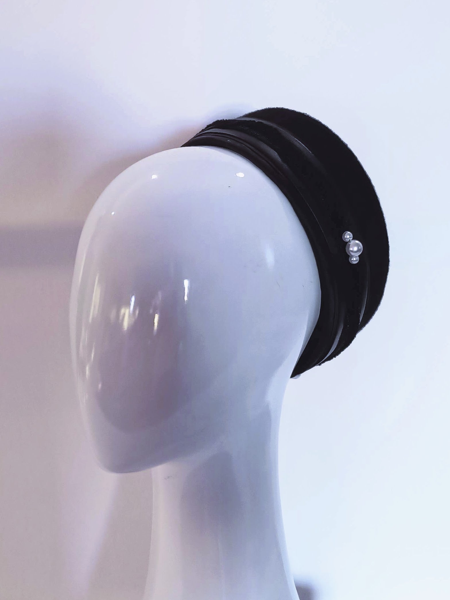 Bespoke Jackie O pillbox hat crafted from felt and leather – designed for wedding by Kathryn Lee