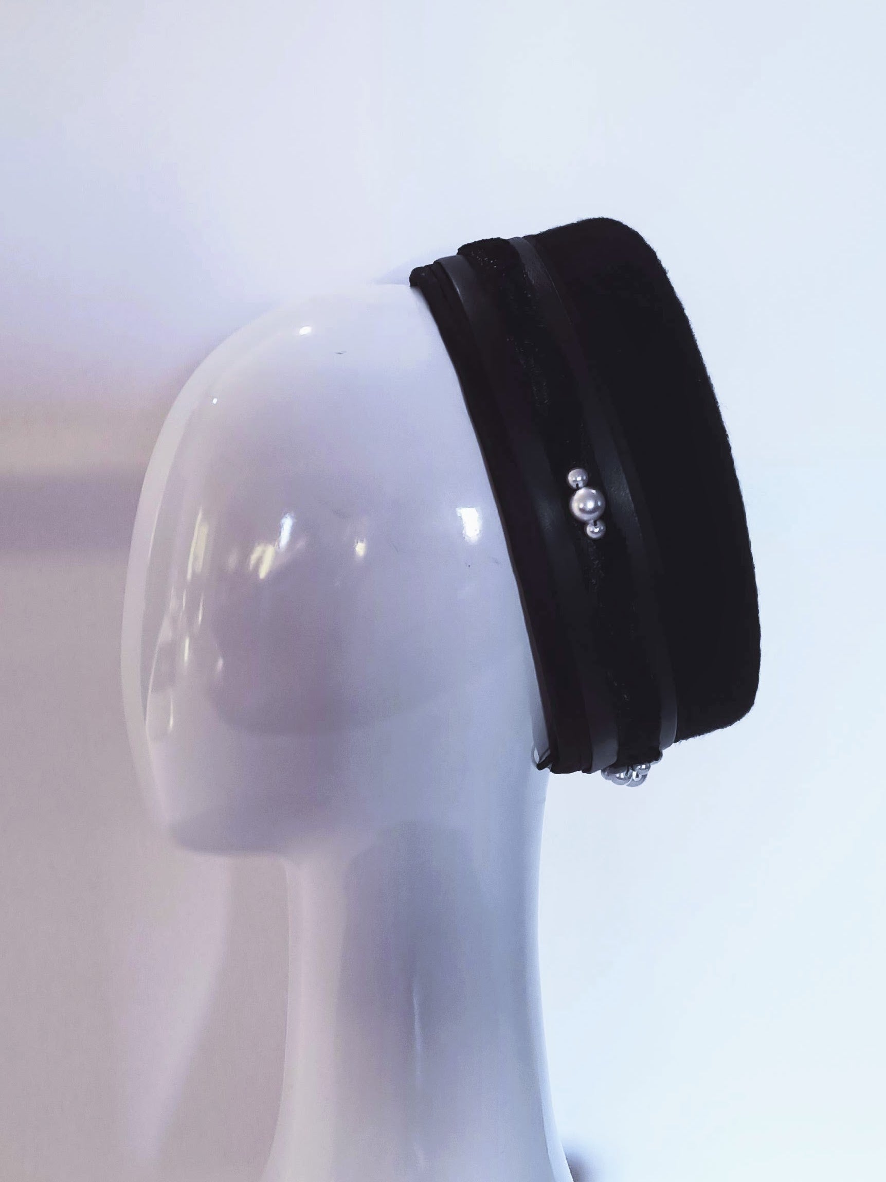 Jackie O Black pillbox hat crafted from felt and leather by Kathryn Lee Millinery, Australian bespoke milliner