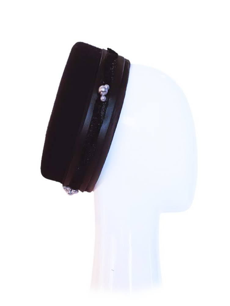 Jackie O – Black pillbox hat crafted from felt and leather perfect for race day