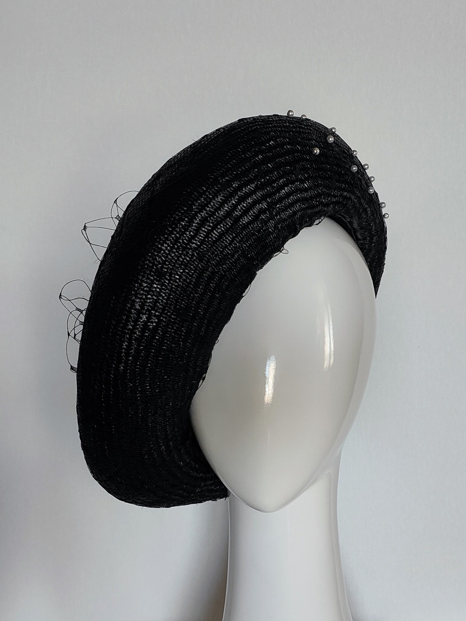 Bespoke Black beret Joan – couture millinery for Oaks Day
