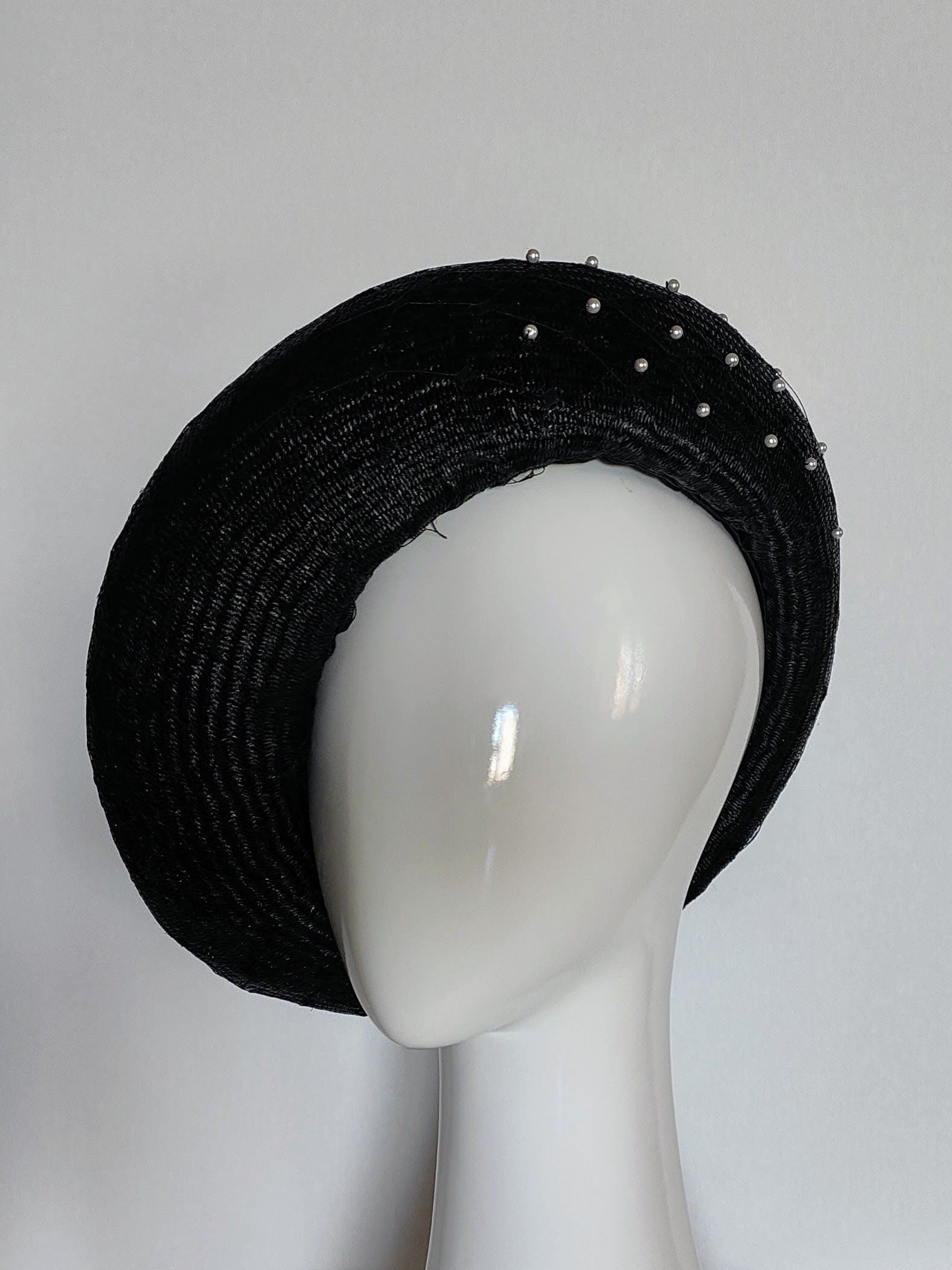 Black beret Joan featuring straw and pearl – handmade in Sydney by Kathryn Lee