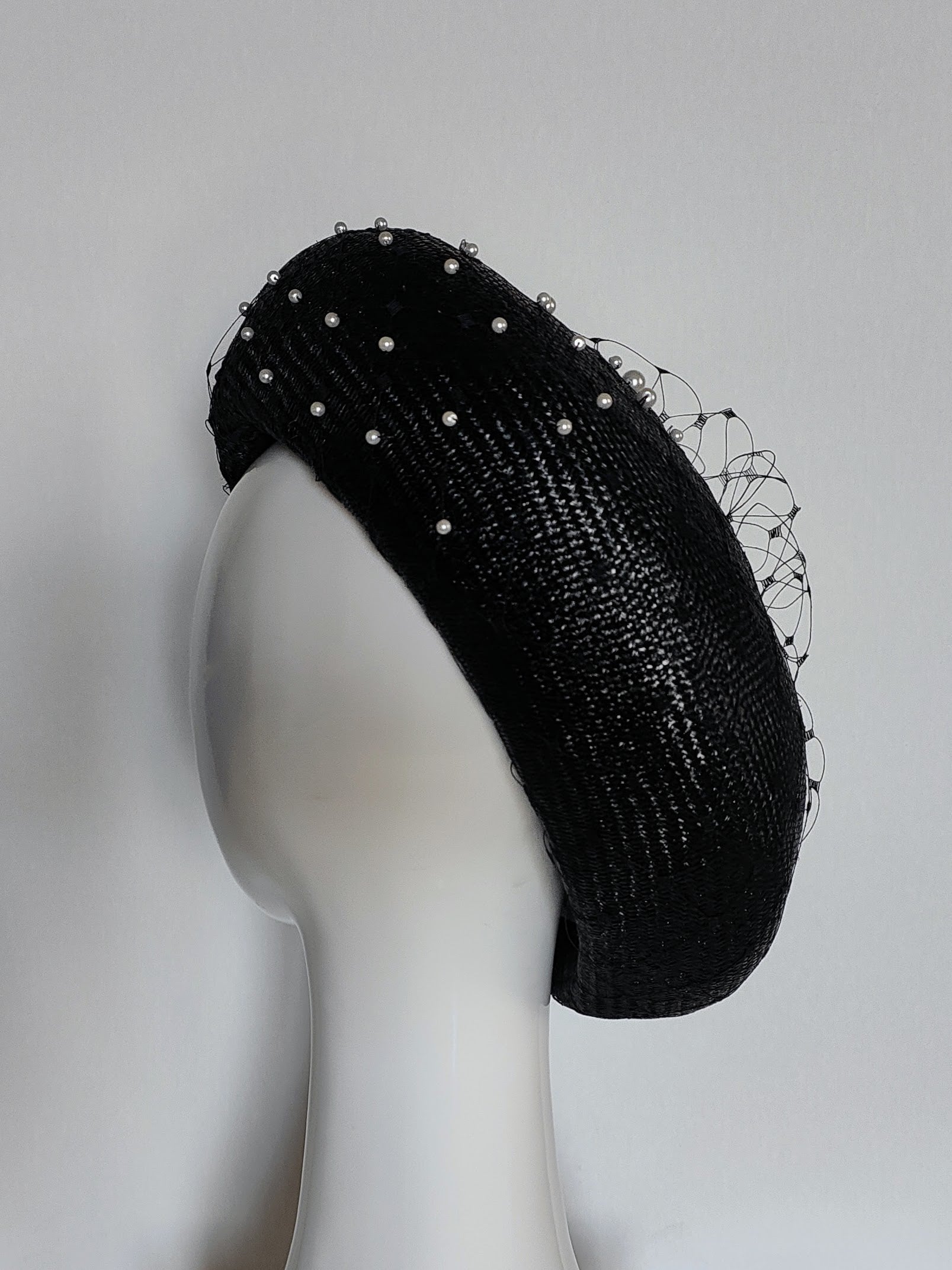 Joan Black beret crafted from straw and pearl by Kathryn Lee Millinery, Australian bespoke milliner