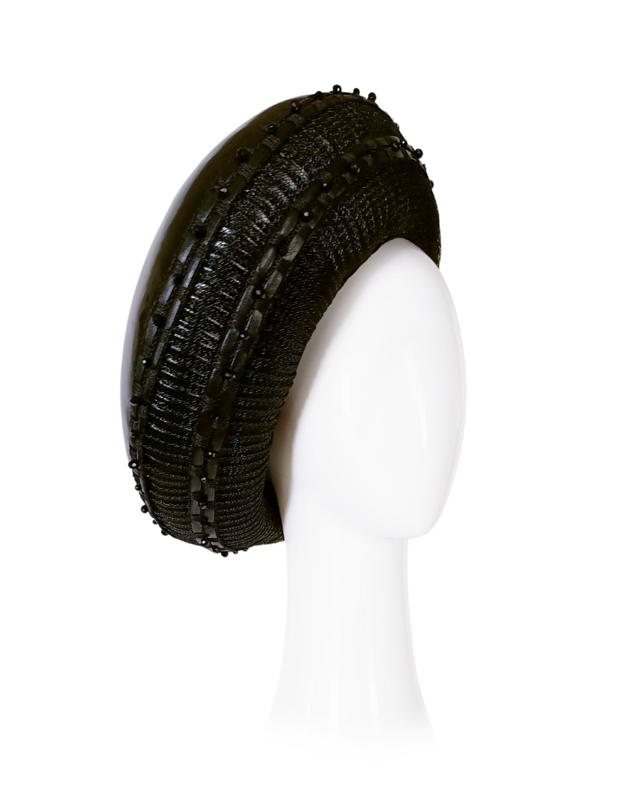 Designer Black headpiece Joan crafted from leather and crystal – Kathryn Lee Millinery Australia
