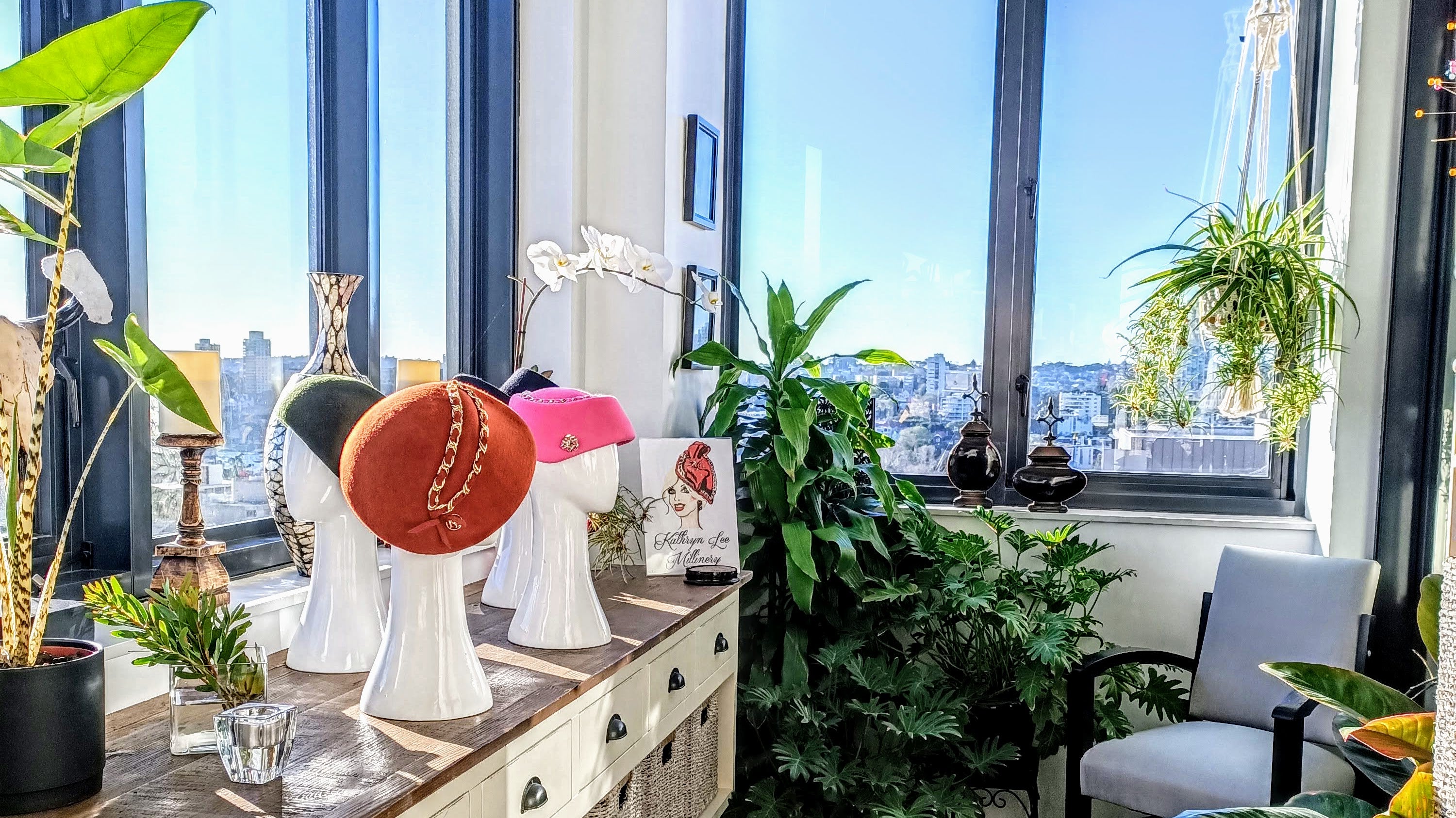 Collection of traditional hat blocks at the Kathryn Lee Millinery Sydney atelier used in bespoke hat making