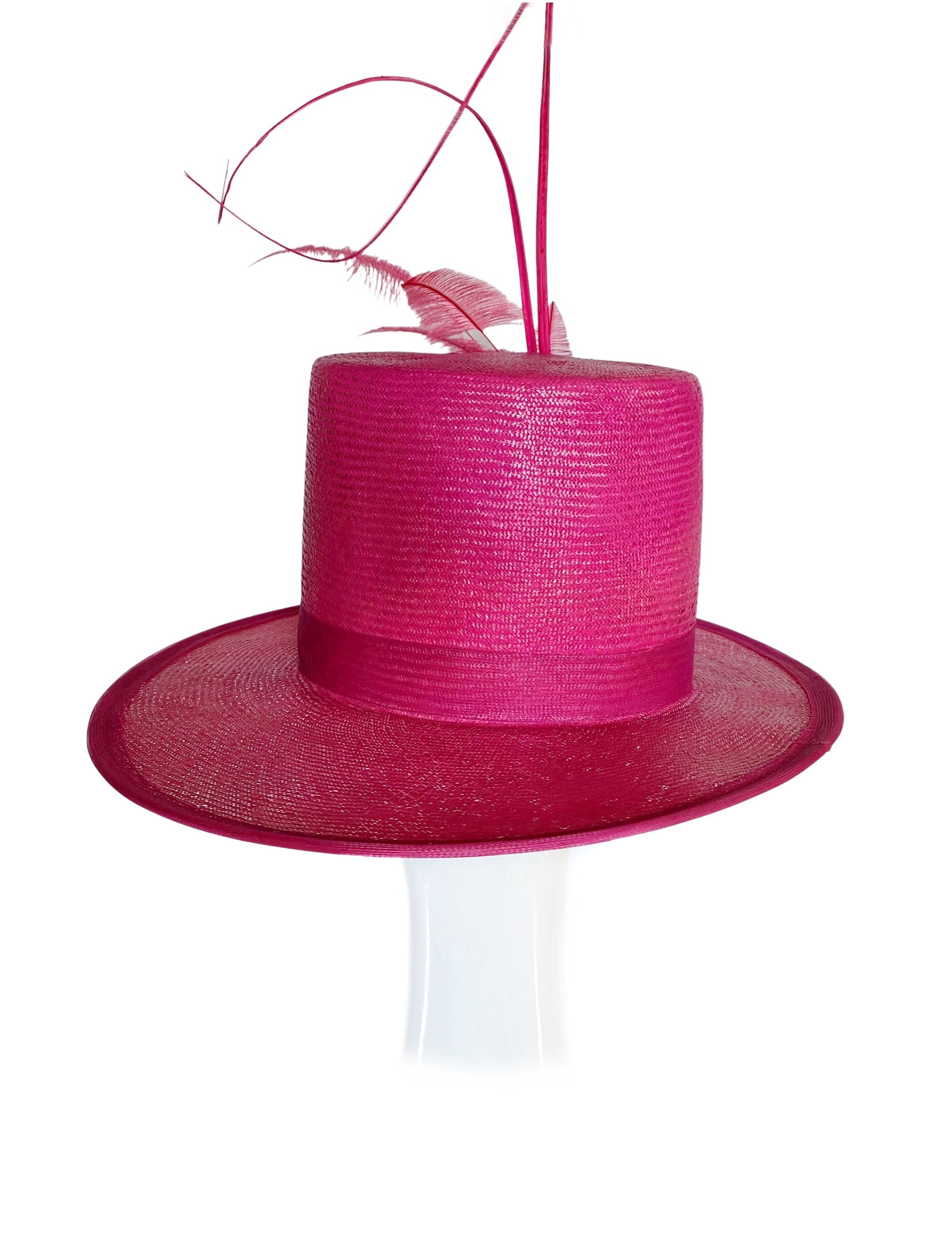 Kathryn – Pink boater hat crafted from straw and feather perfect for race day