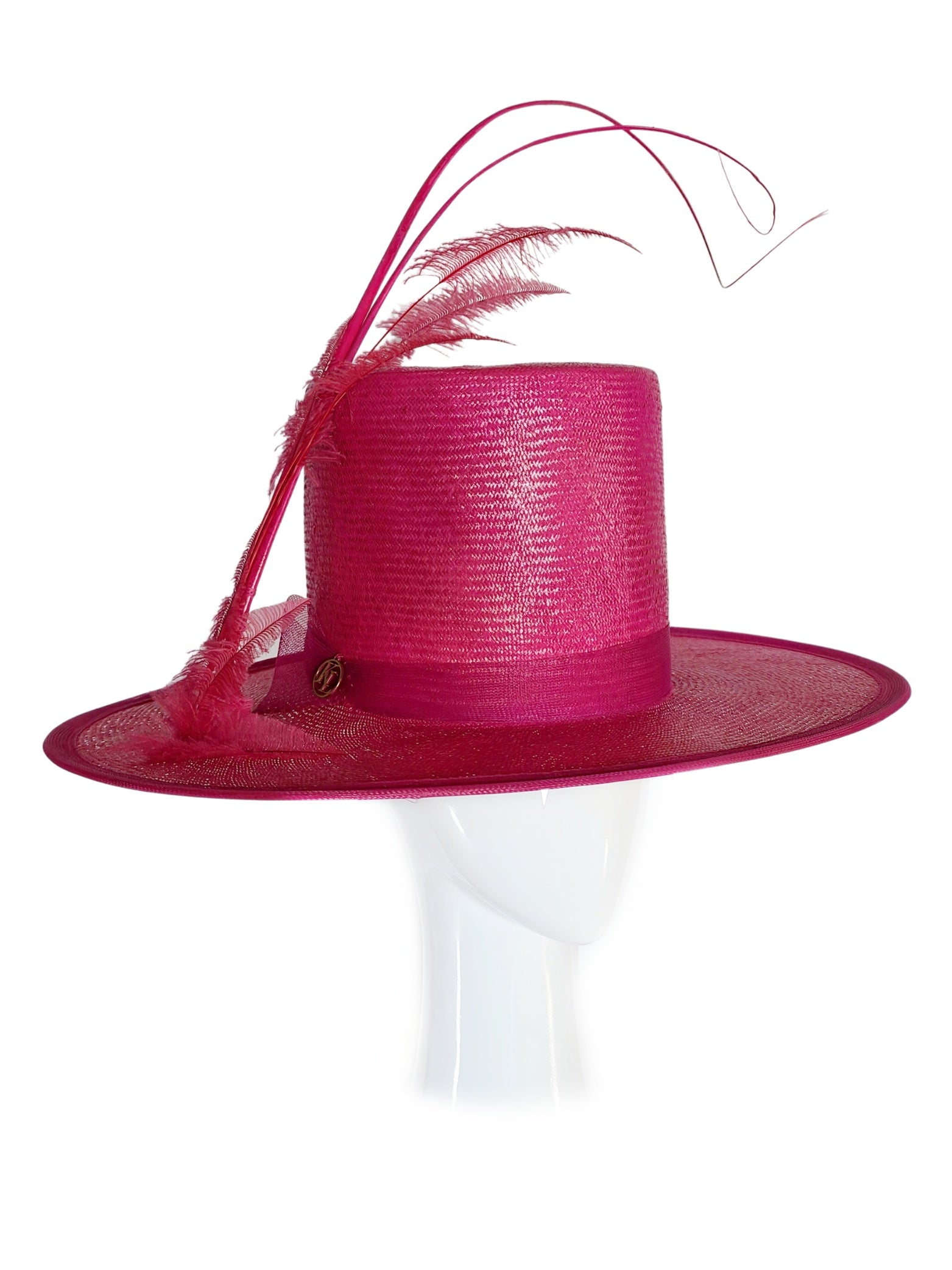 Bespoke Kathryn boater hat crafted from straw and feather – designed for Kentucky Derby by Kathryn Lee