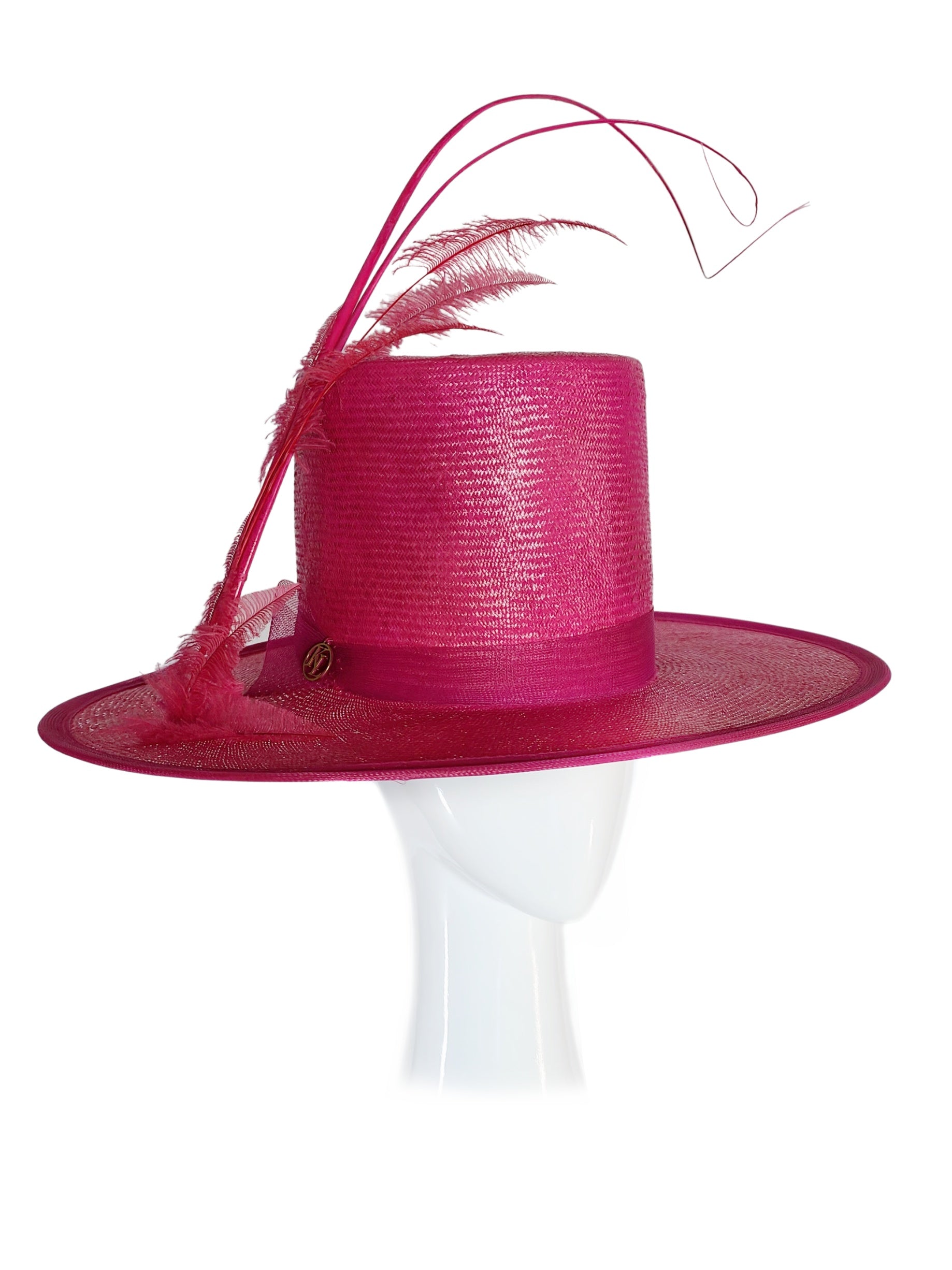 Designer Pink boater hat Kathryn crafted from straw and feather – Kathryn Lee Millinery Australia