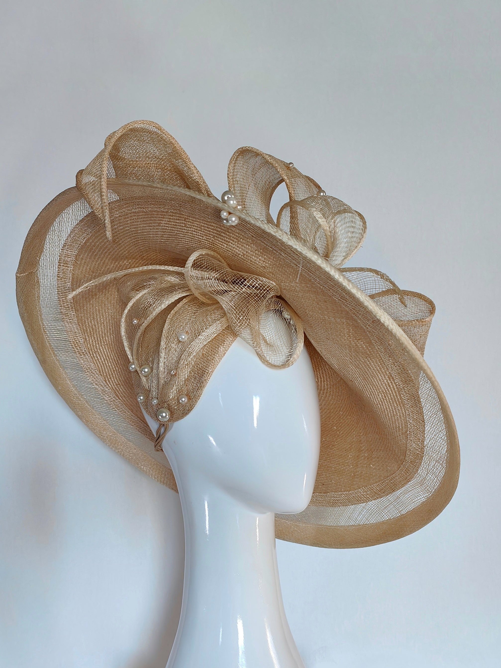 Designer Tan headpiece Lady Edith crafted from sinamay and straw – Kathryn Lee Millinery Australia