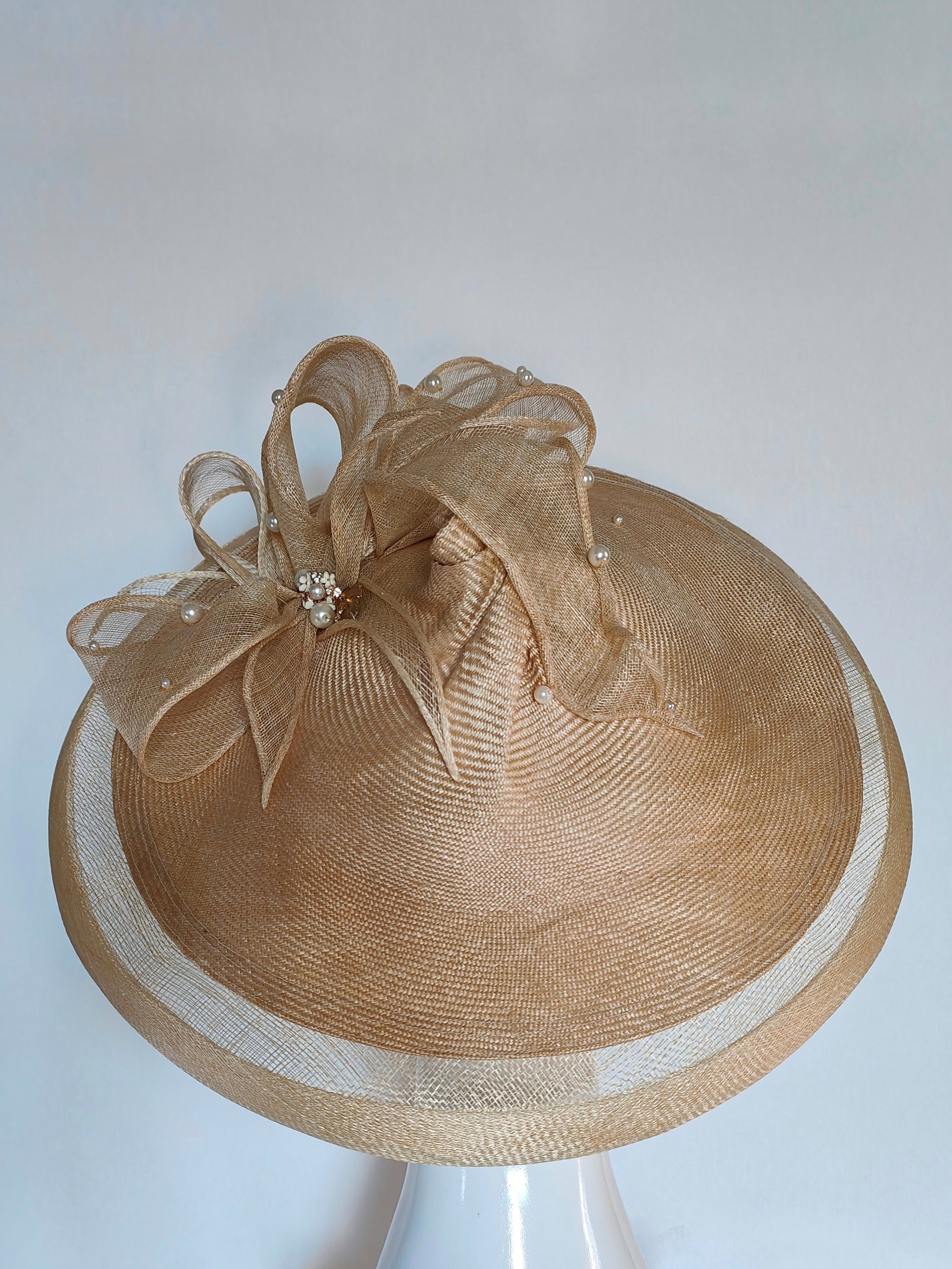 Lady Edith – Tan headpiece crafted from sinamay and straw perfect for Royal Ascot