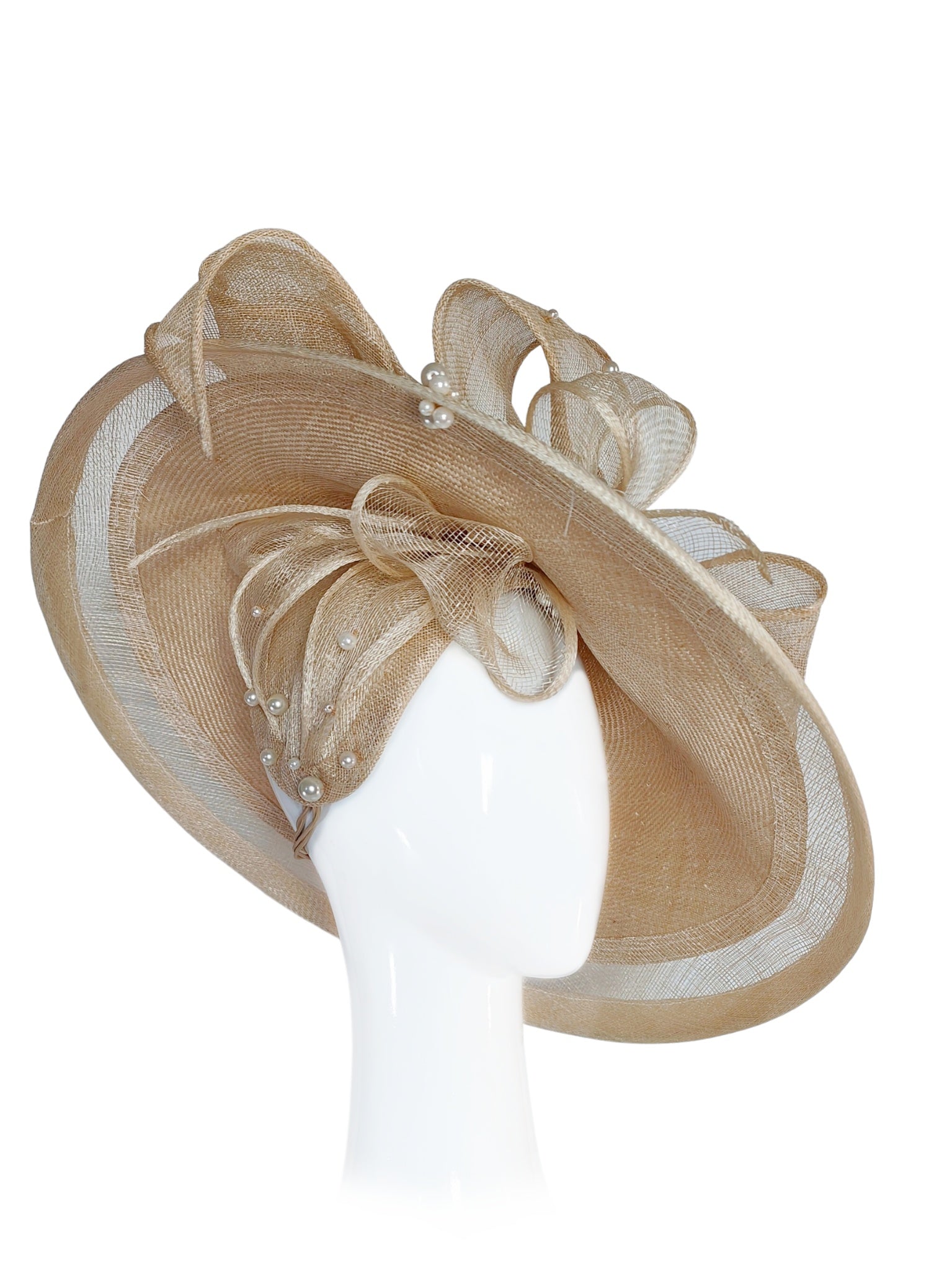 Tan Lady Edith headpiece crafted from sinamay and straw – luxury racing headwear by Kathryn Lee