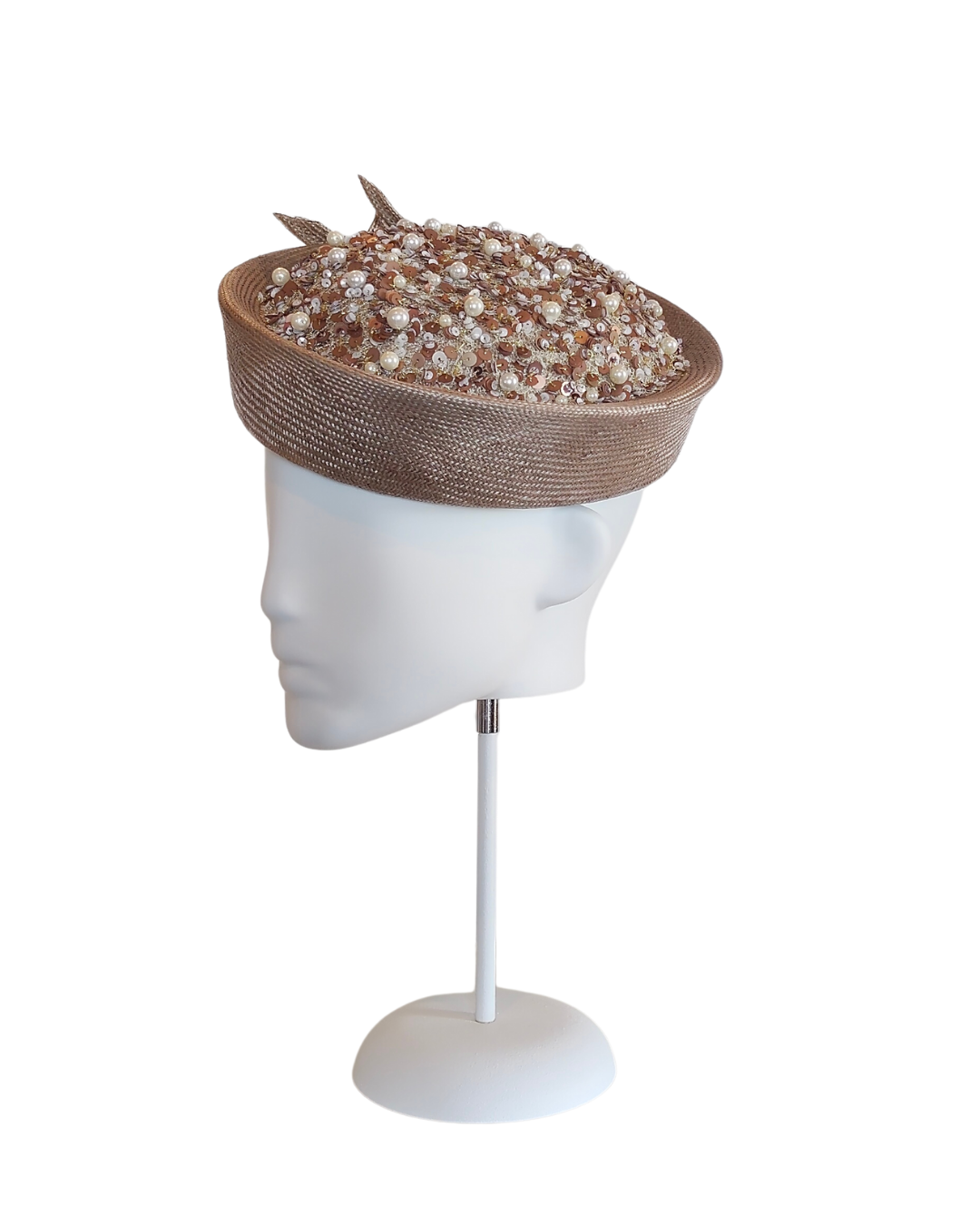 Le Biege Taupe beret crafted from sinamay and straw by Kathryn Lee Millinery, Australian bespoke milliner
