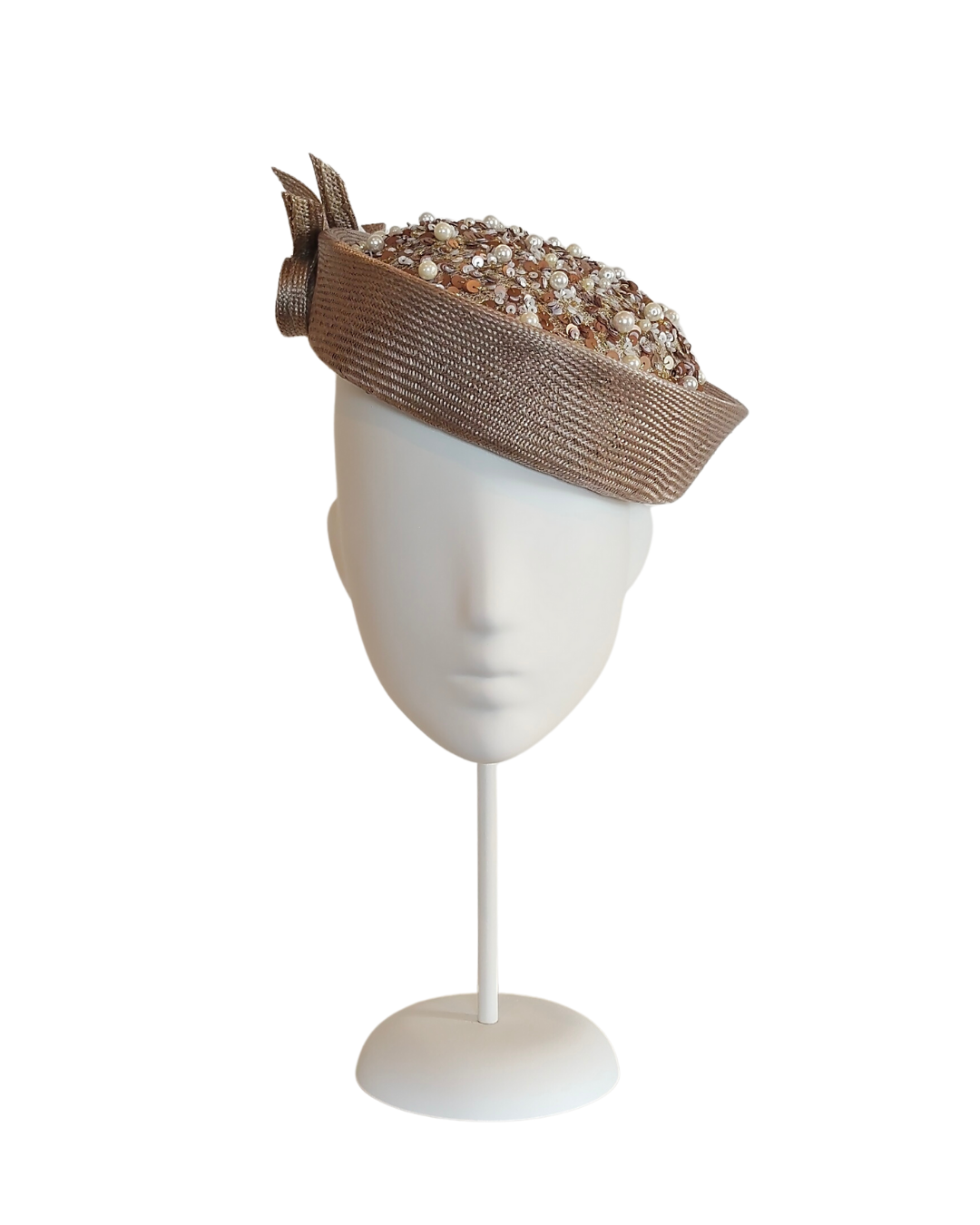 Taupe beret Le Biege featuring sinamay and straw – handmade in Sydney by Kathryn Lee
