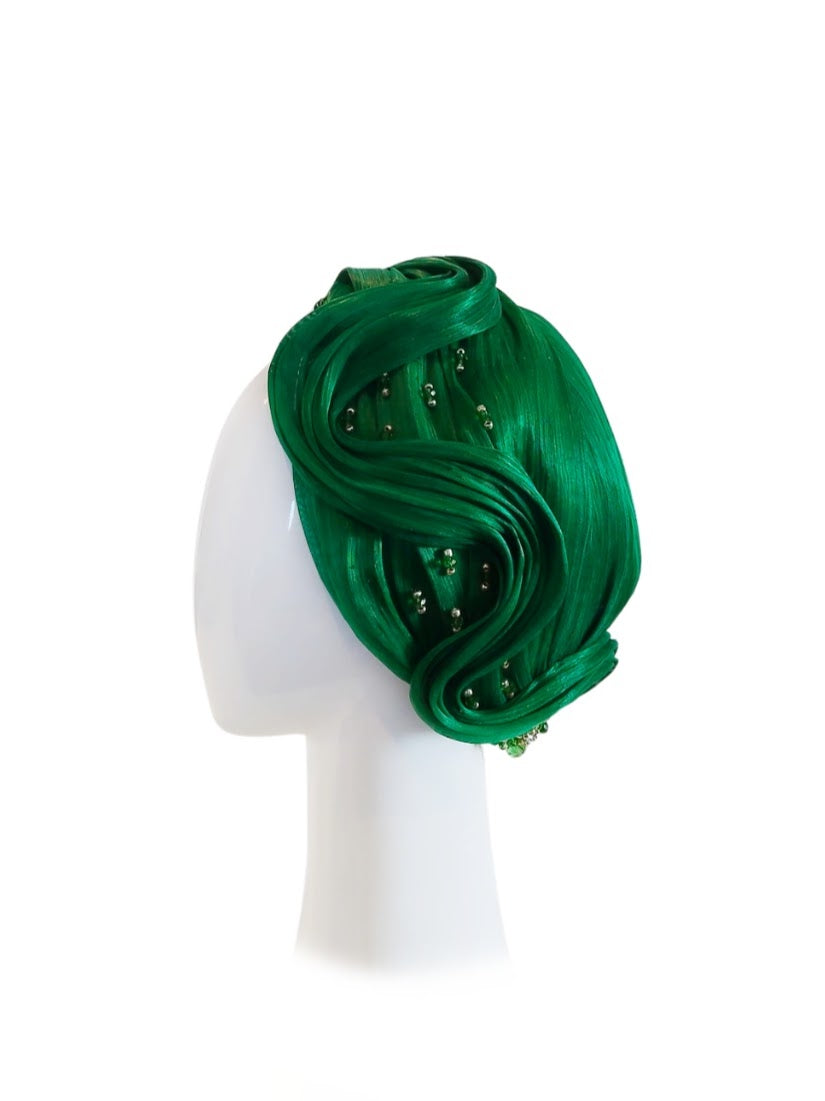 Liz – Green turban crafted from silk and crystal perfect for Melbourne Cup