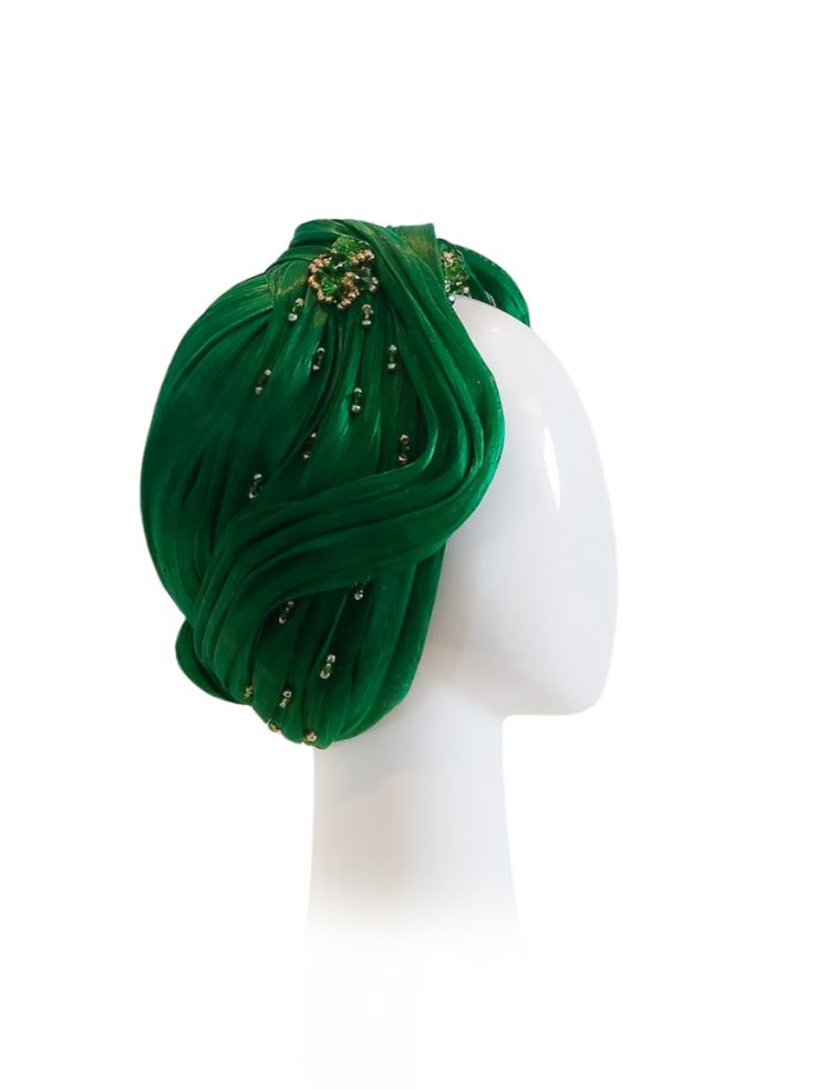 Designer Green turban Liz crafted from silk and crystal – Kathryn Lee Millinery Australia
