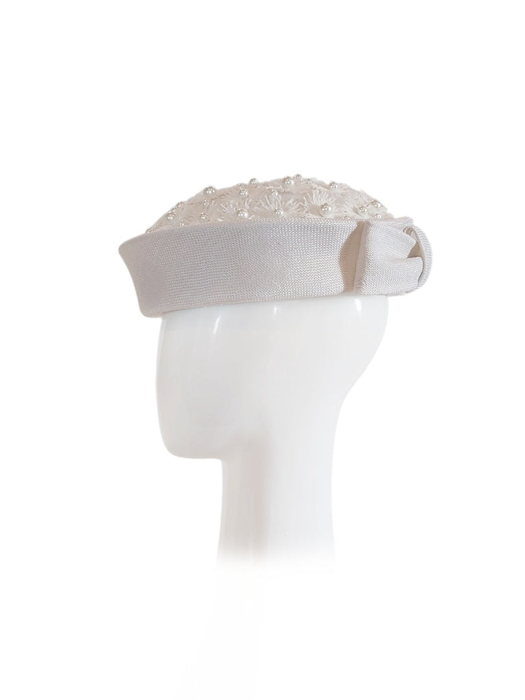 Marguerite White beret crafted from pearl and crystal by Kathryn Lee Millinery, Australian bespoke milliner
