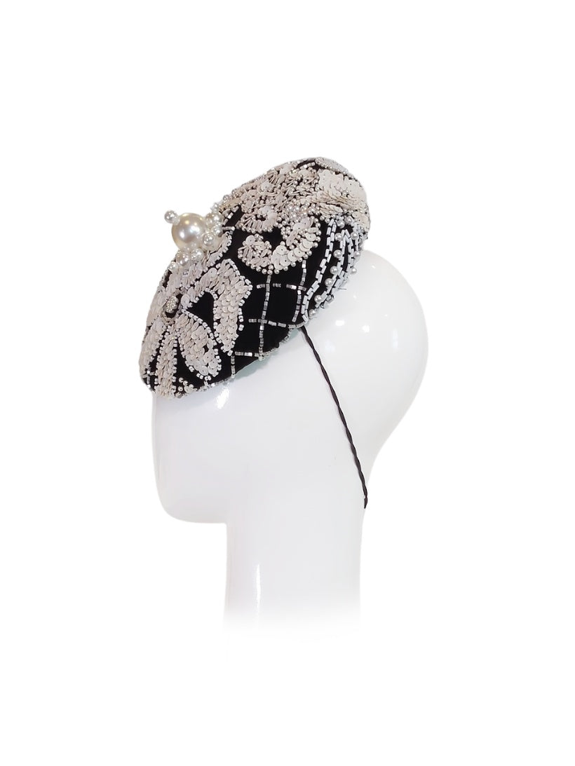 Miss YSL cap – artisan millinery featuring pearl and crystal for garden party and beyond