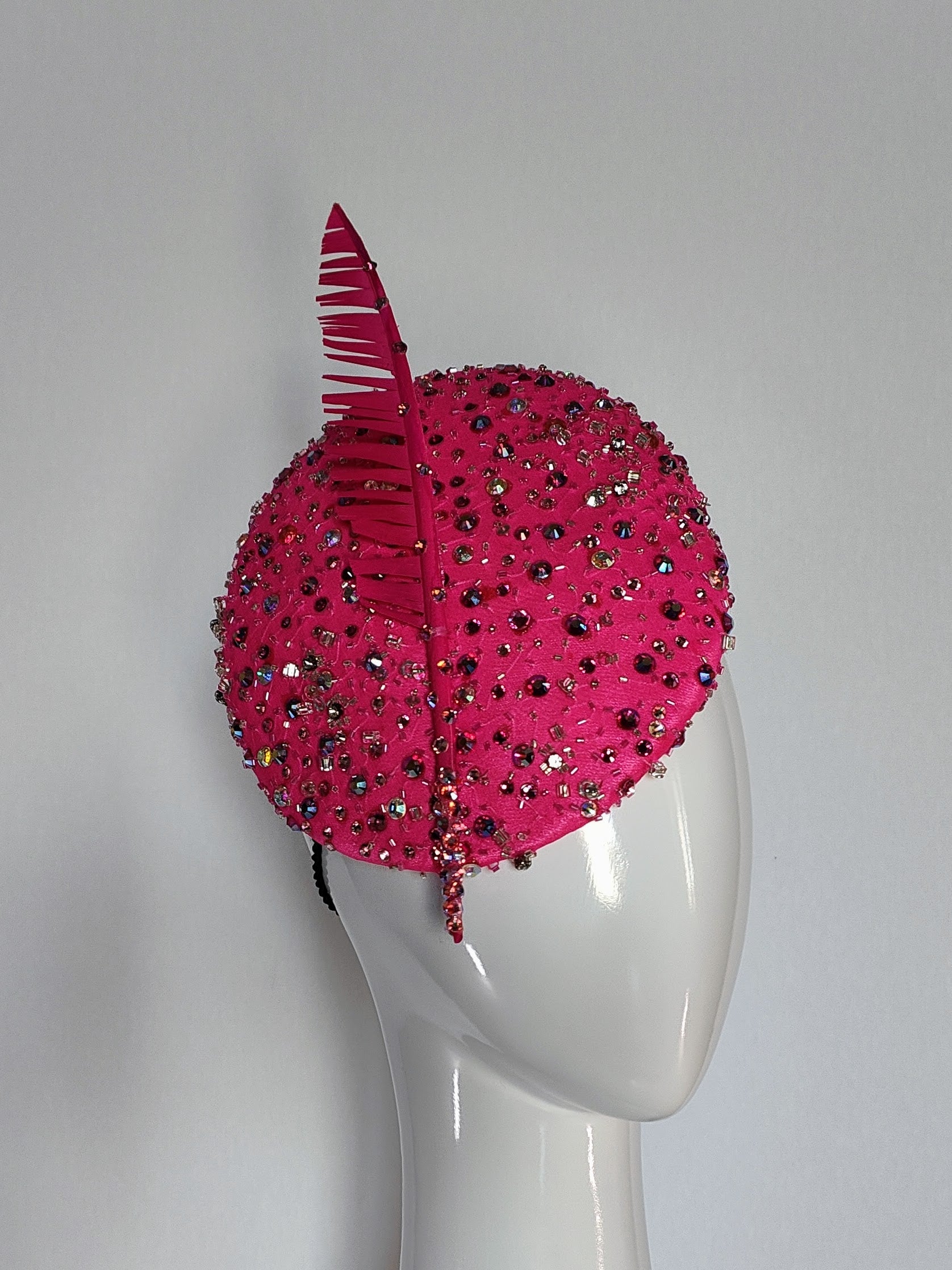 Pink cap Paulini featuring feather – handmade in Sydney by Kathryn Lee