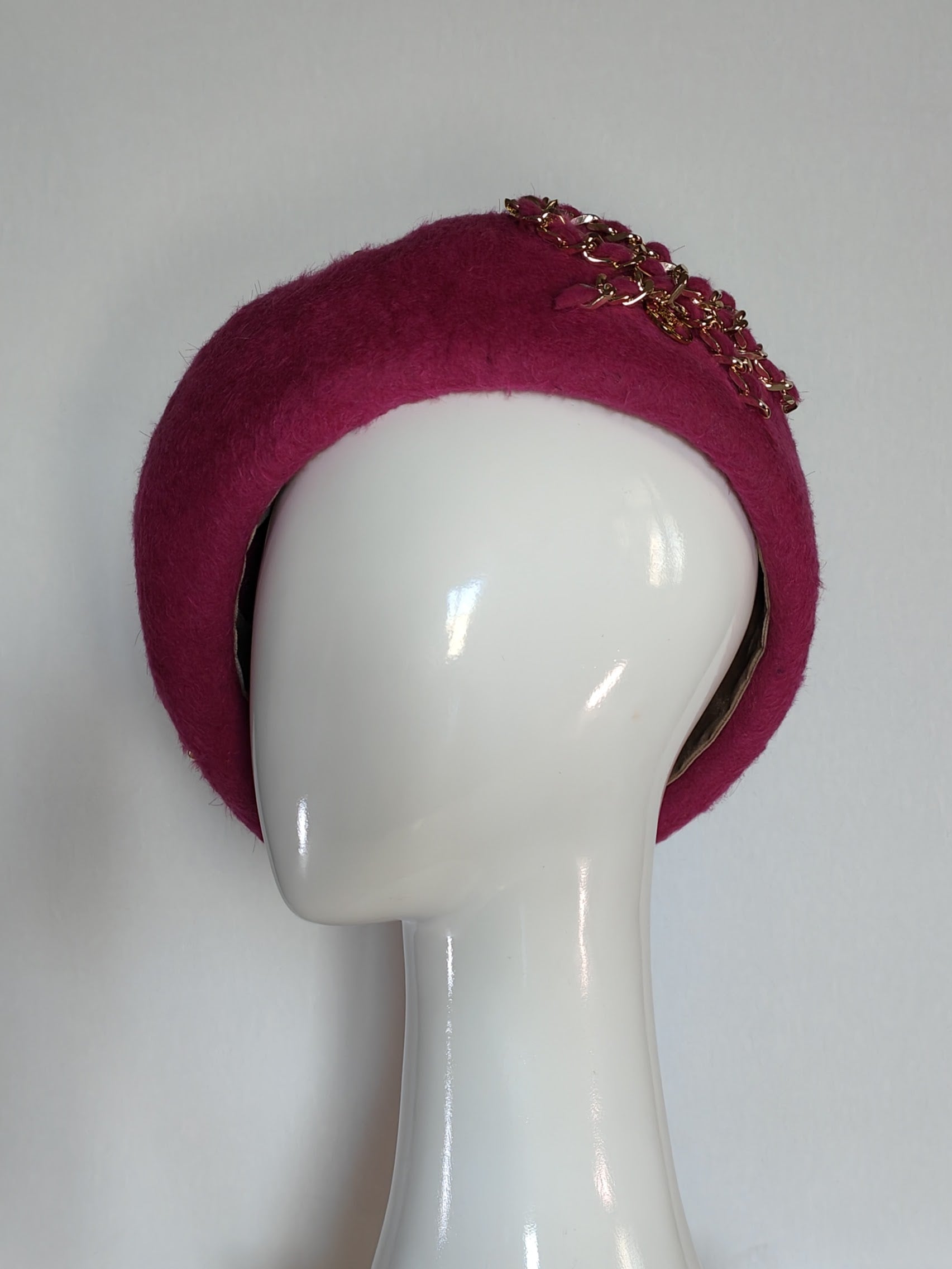 Pink Poppy beret crafted from felt – luxury racing headwear by Kathryn Lee