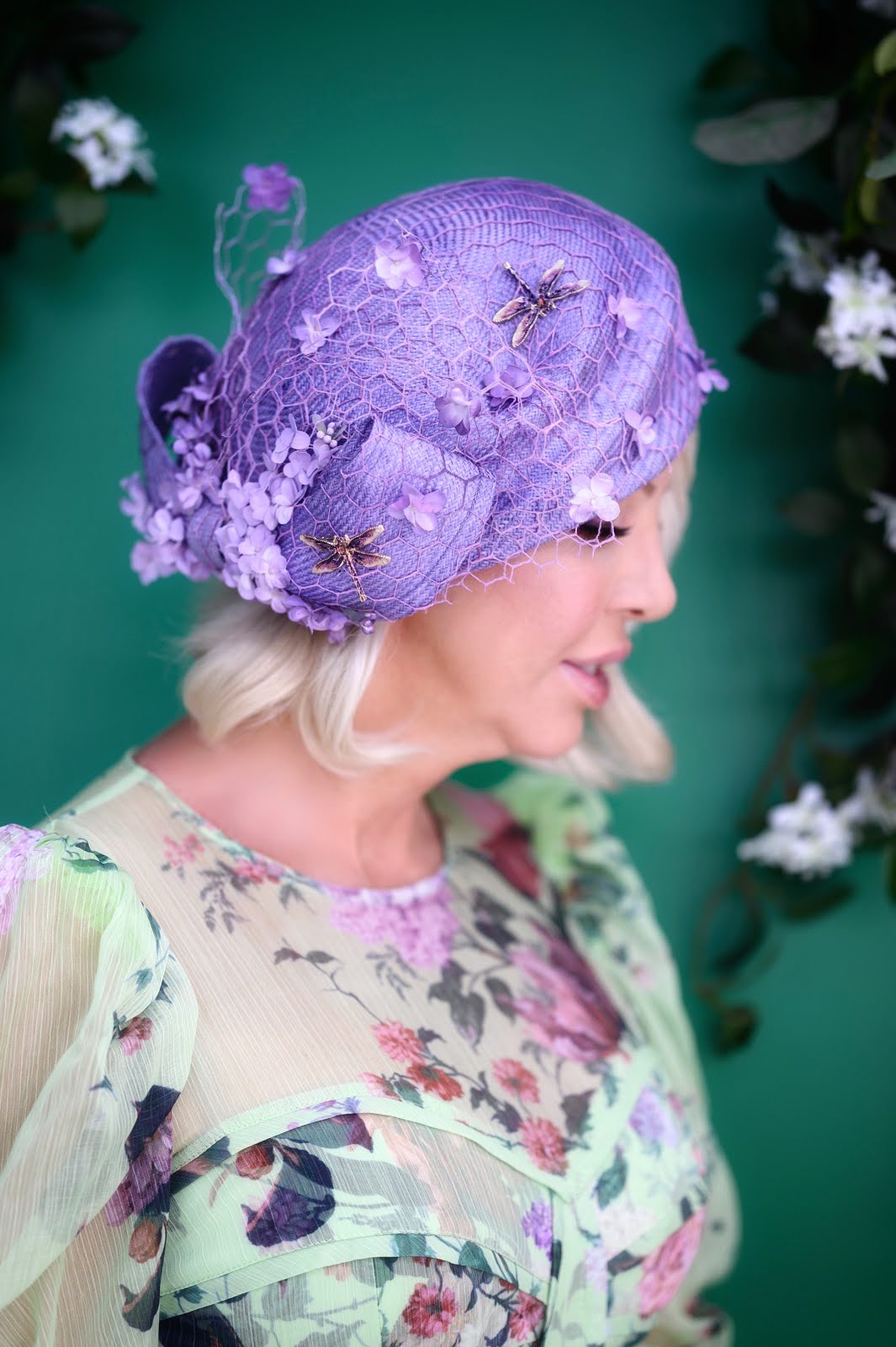 Lavender straw beret with floral veiling and dragonfly brooches by Kathryn Lee Millinery at spring racing
