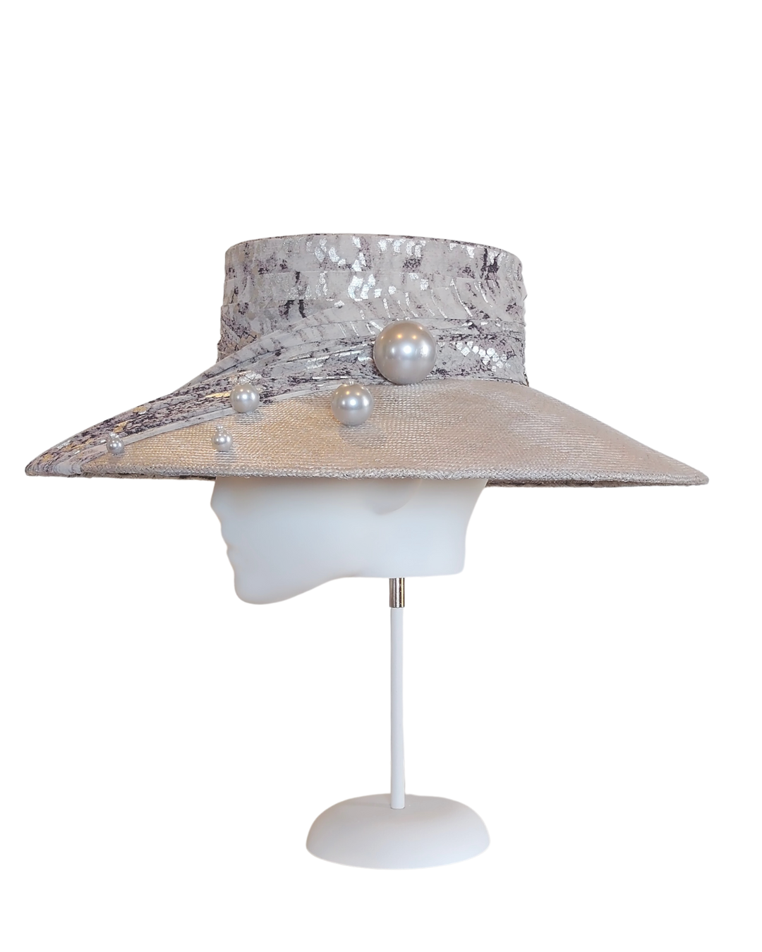 Australian milliner Kathryn Lee – Royal Ascot Silver boater hat featuring sinamay and straw
